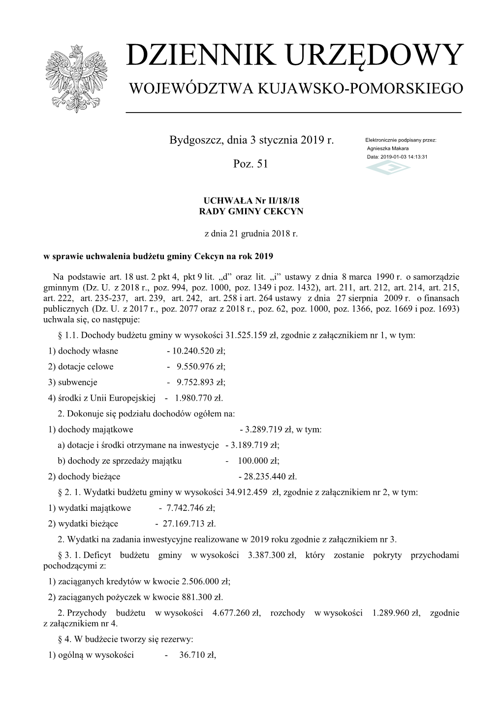 Uchwała Nr II/18/18 Z Dnia 21 Grudnia 2018 R