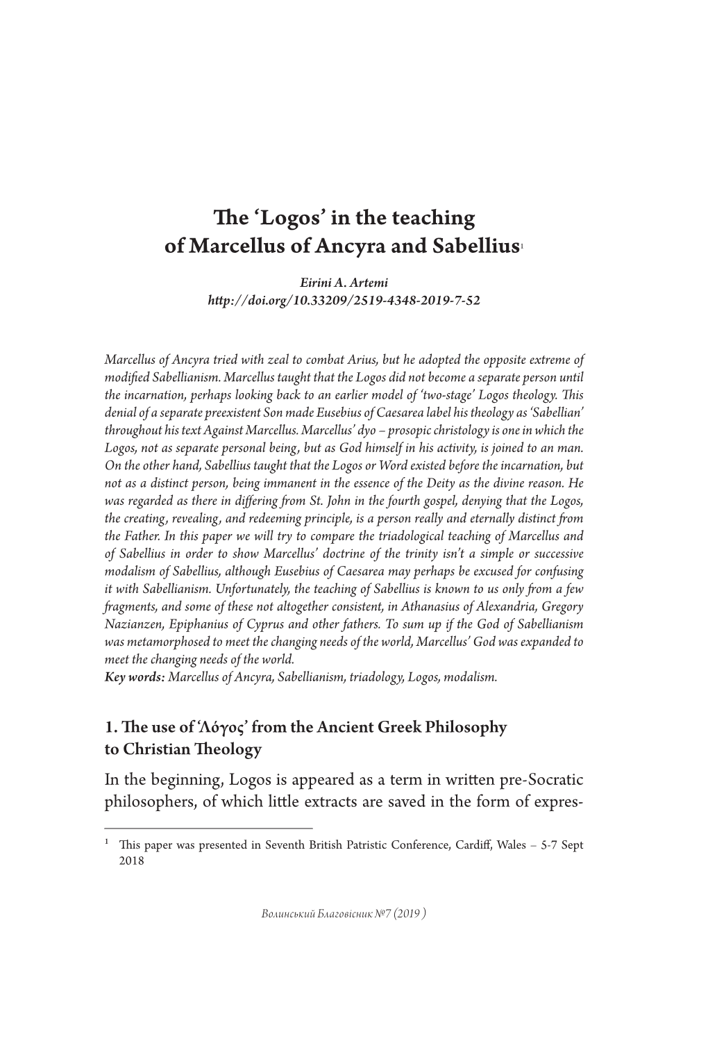 The 'Logos' in the Teaching of Marcellus of Ancyra and Sabellius1