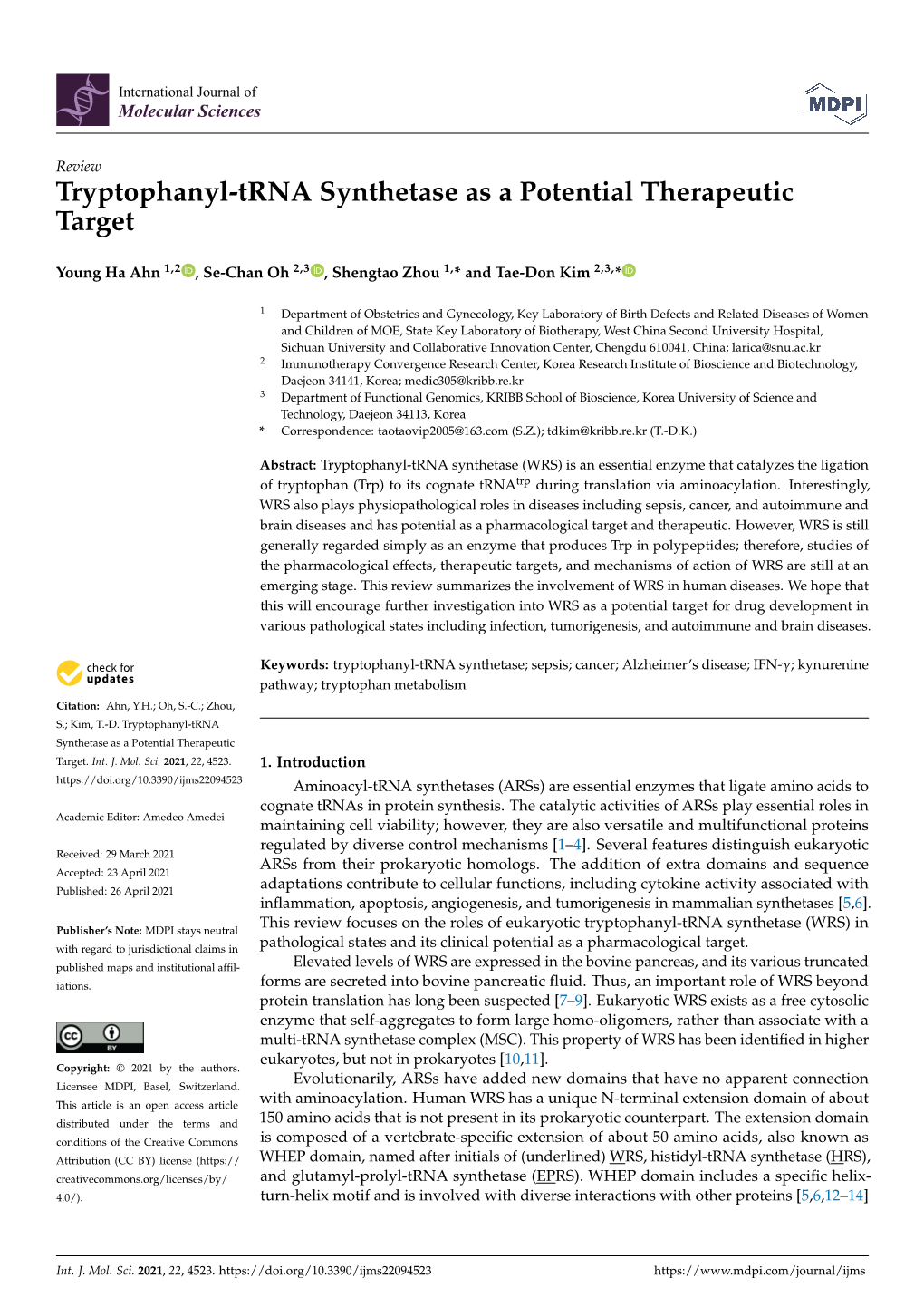 Tryptophanyl-Trna Synthetase As a Potential Therapeutic Target