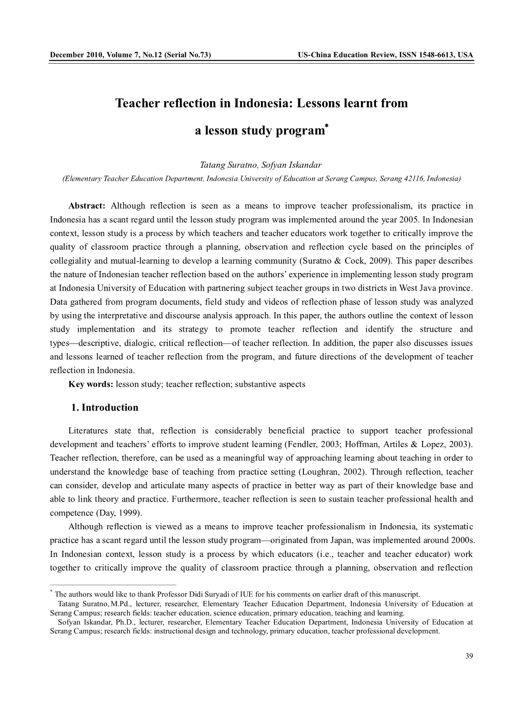 Teacher Reflection in Indonesia: Lessons Learnt from a Lesson Study Program Cycle (Suratno & Cock, 2009)