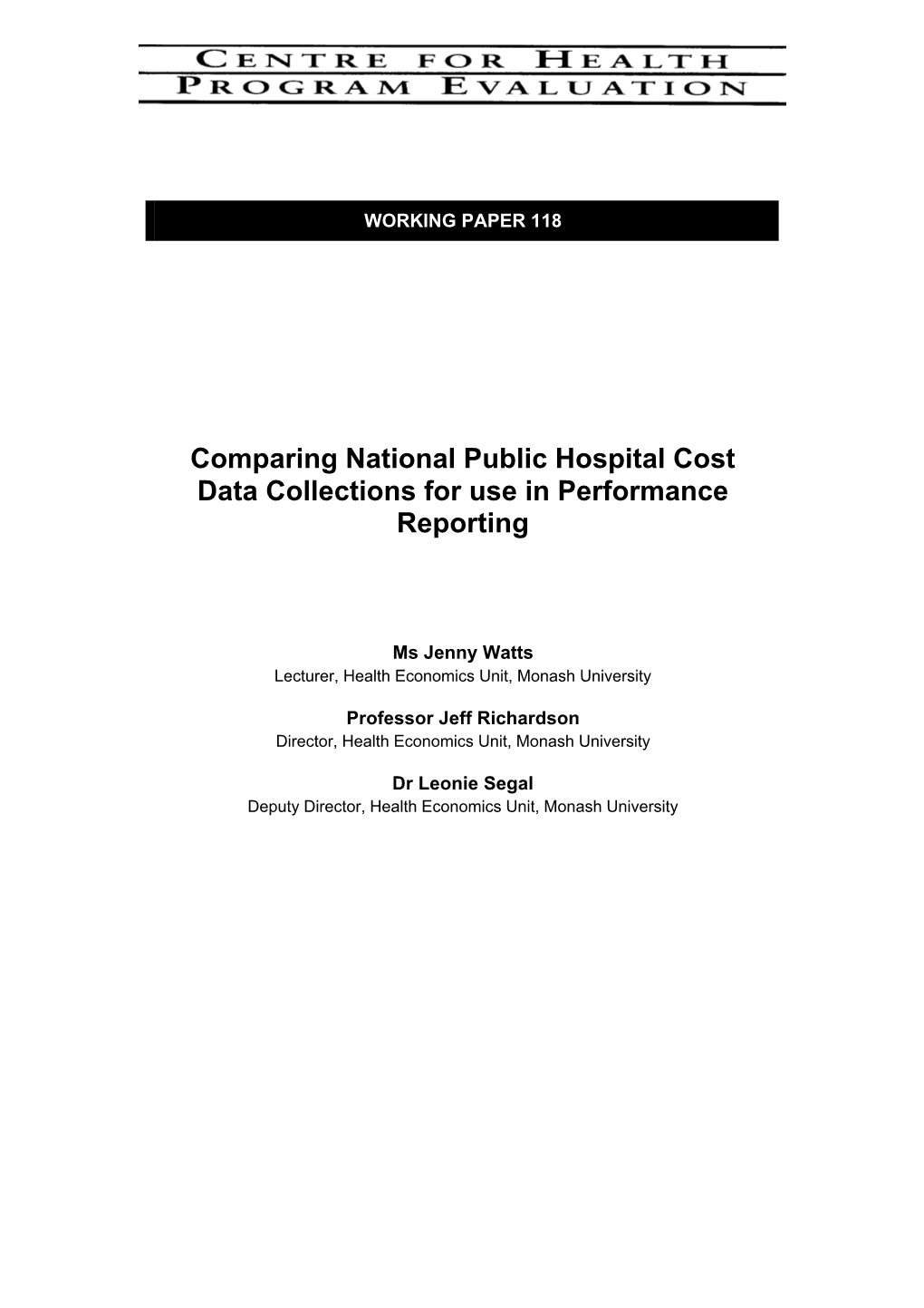 Comparing National Public Hospital Cost Data Collections for Use in Performance Reporting