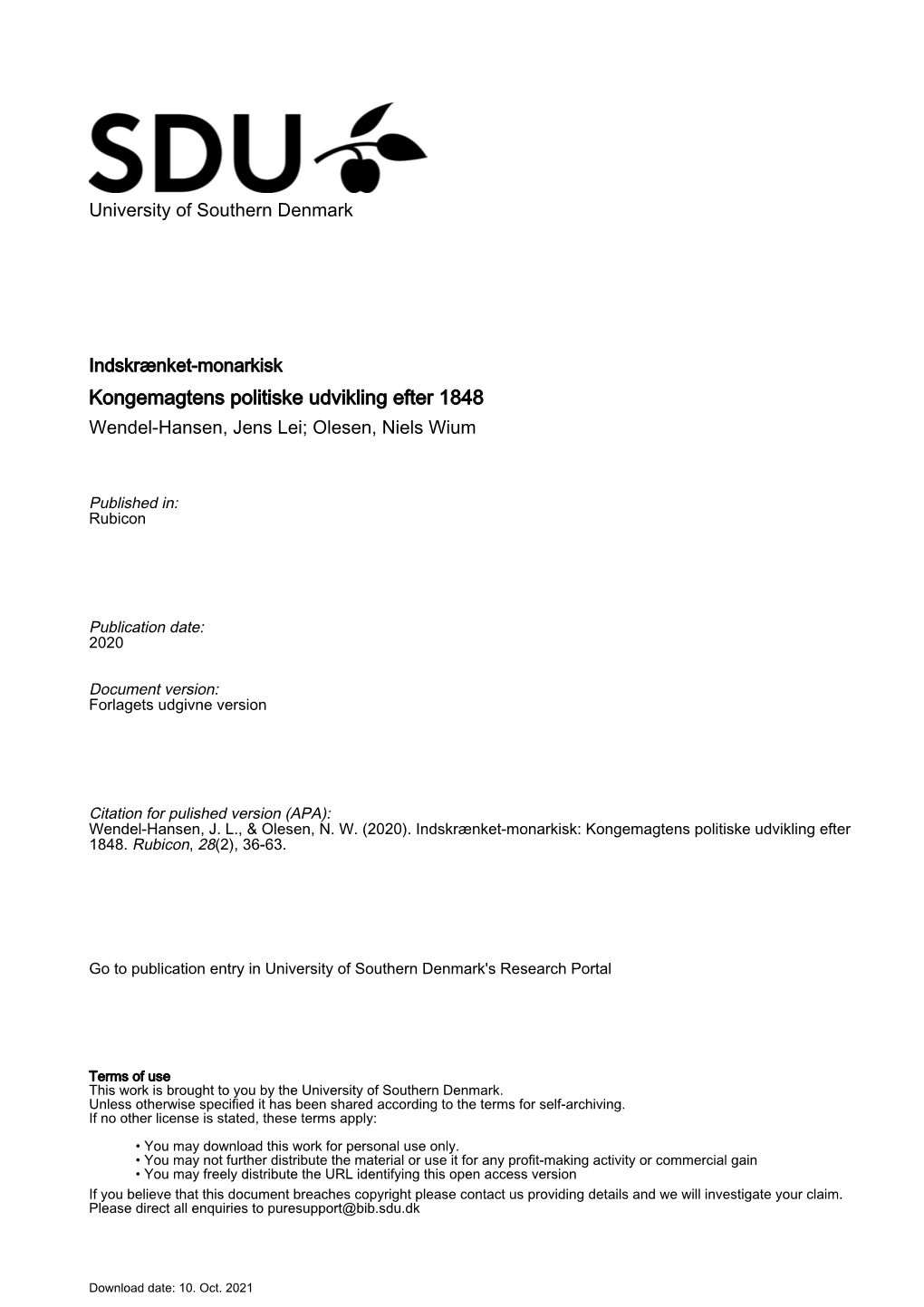 Kongemagtens Politiske Udvikling Efter 1848 Wendel-Hansen, Jens Lei; Olesen, Niels Wium