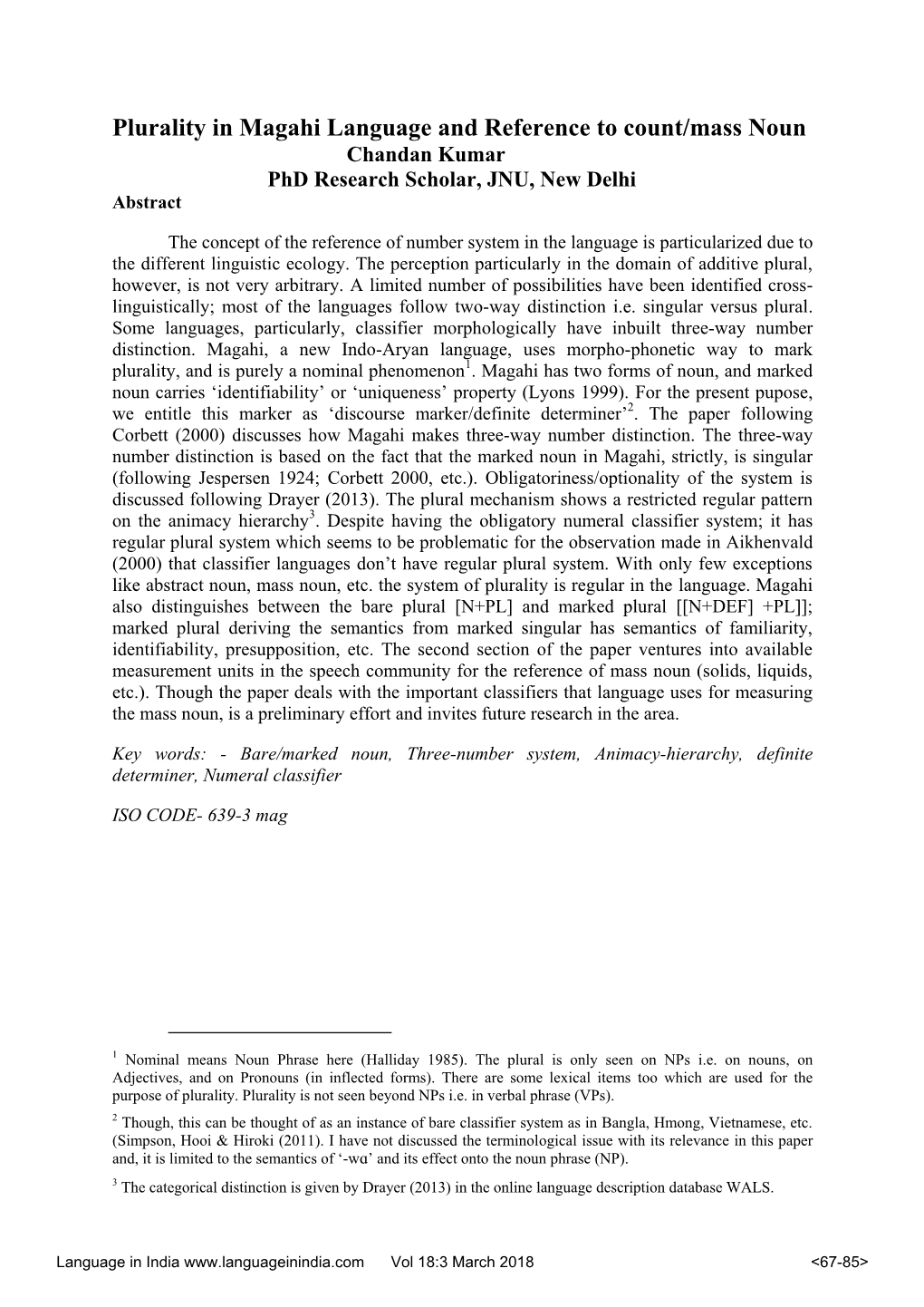 Plurality in Magahi and Reference to Count/Mass Noun