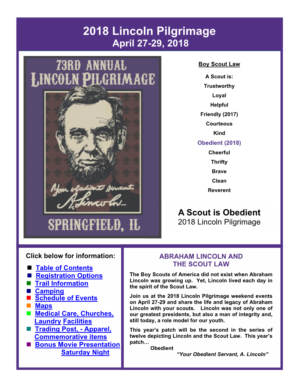 2018 Lincoln Pilgrimage April 27-29, 2018