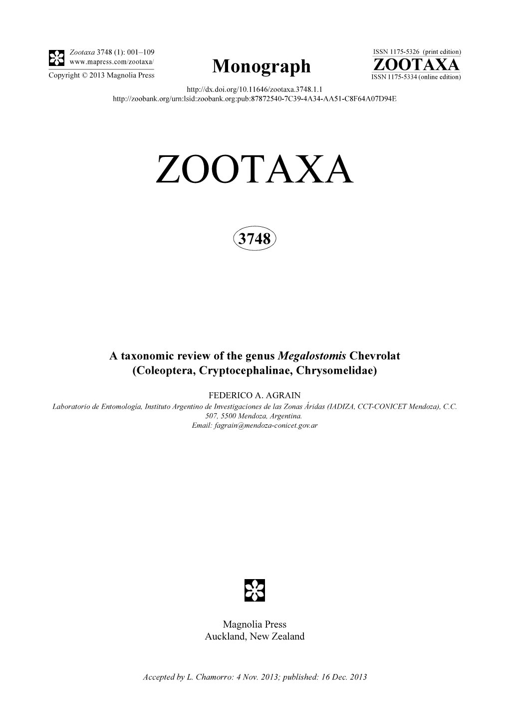 A Taxonomic Review of the Genus Megalostomis Chevrolat (Coleoptera, Cryptocephalinae, Chrysomelidae)