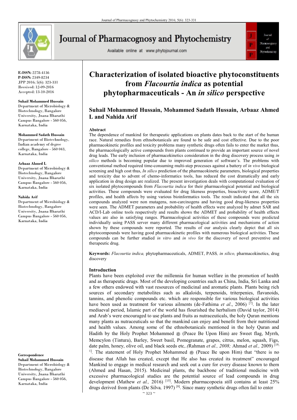 Characterization of Isolated Bioactive Phytoconstituents from Flacourtia