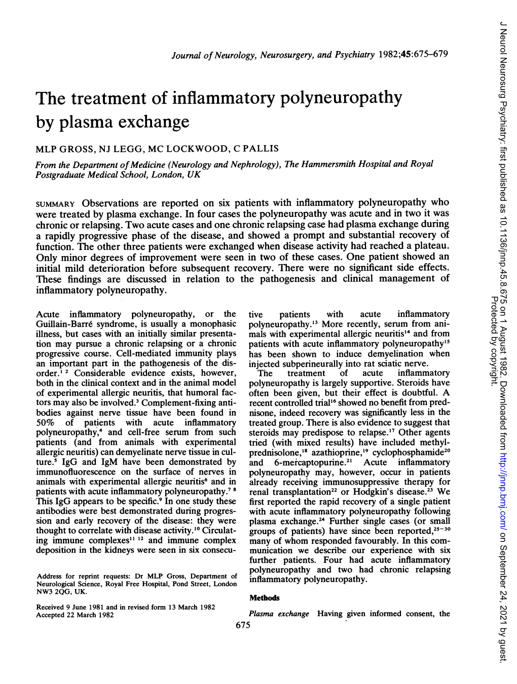 The Treatment of Inflammatory Polyneuropathy by Plasma Exchange