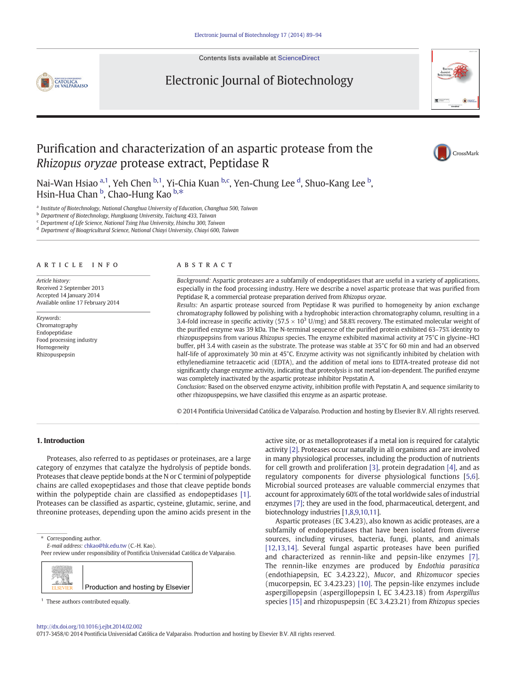 Purification and Characterization of an Aspartic Protease from The