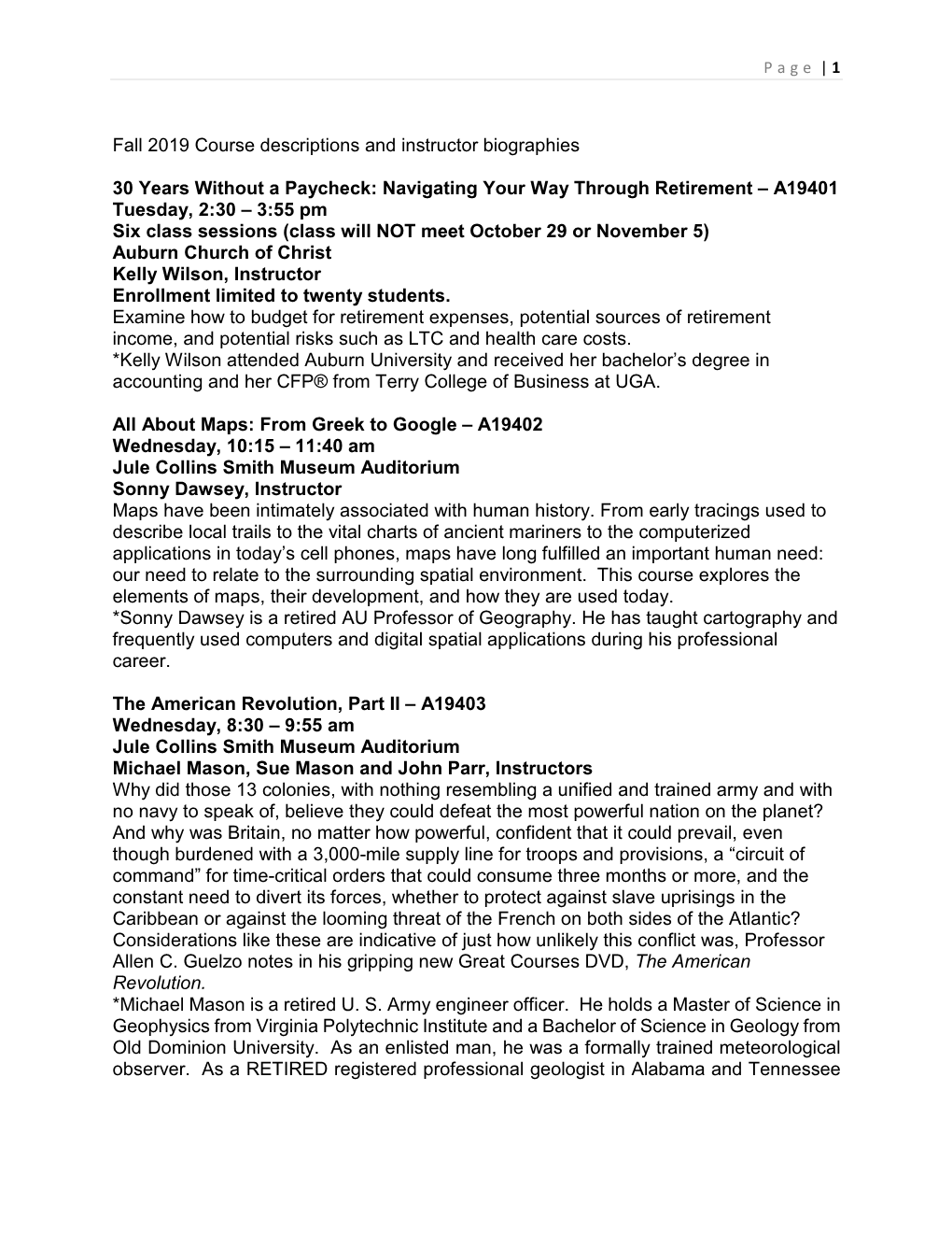 Fall 2019 Course Descriptions and Instructor Biographies