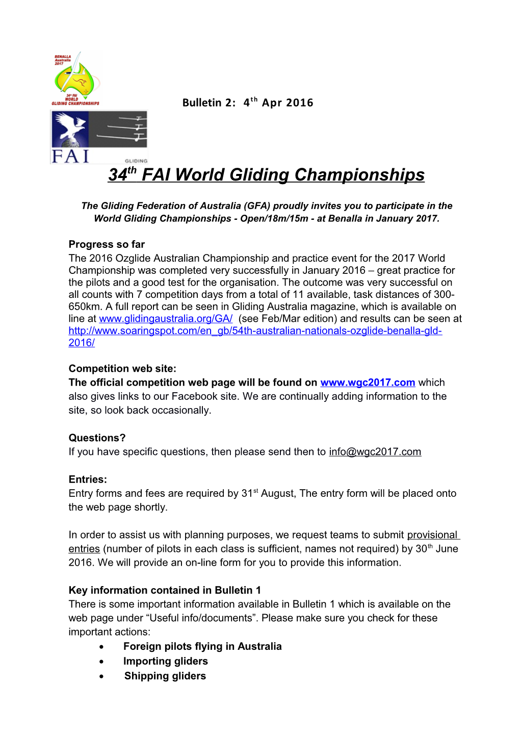 34Th FAI World Gliding Championships