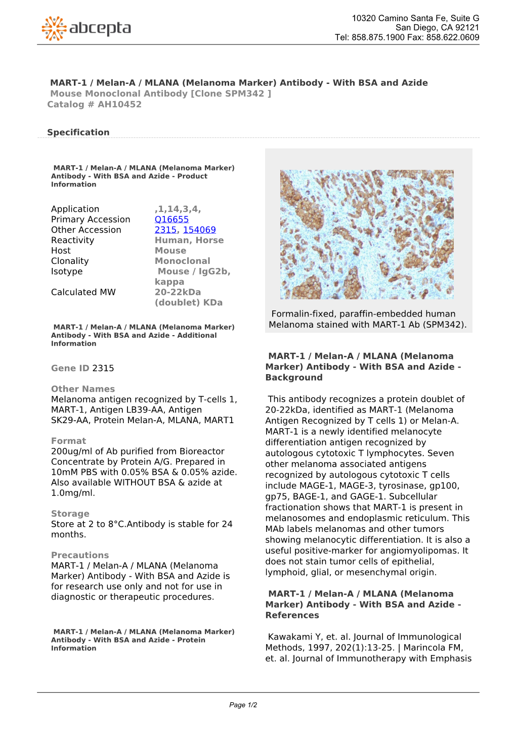 MART-1 / Melan-A / MLANA (Melanoma Marker) Antibody - with BSA and Azide Mouse Monoclonal Antibody [Clone SPM342 ] Catalog # AH10452