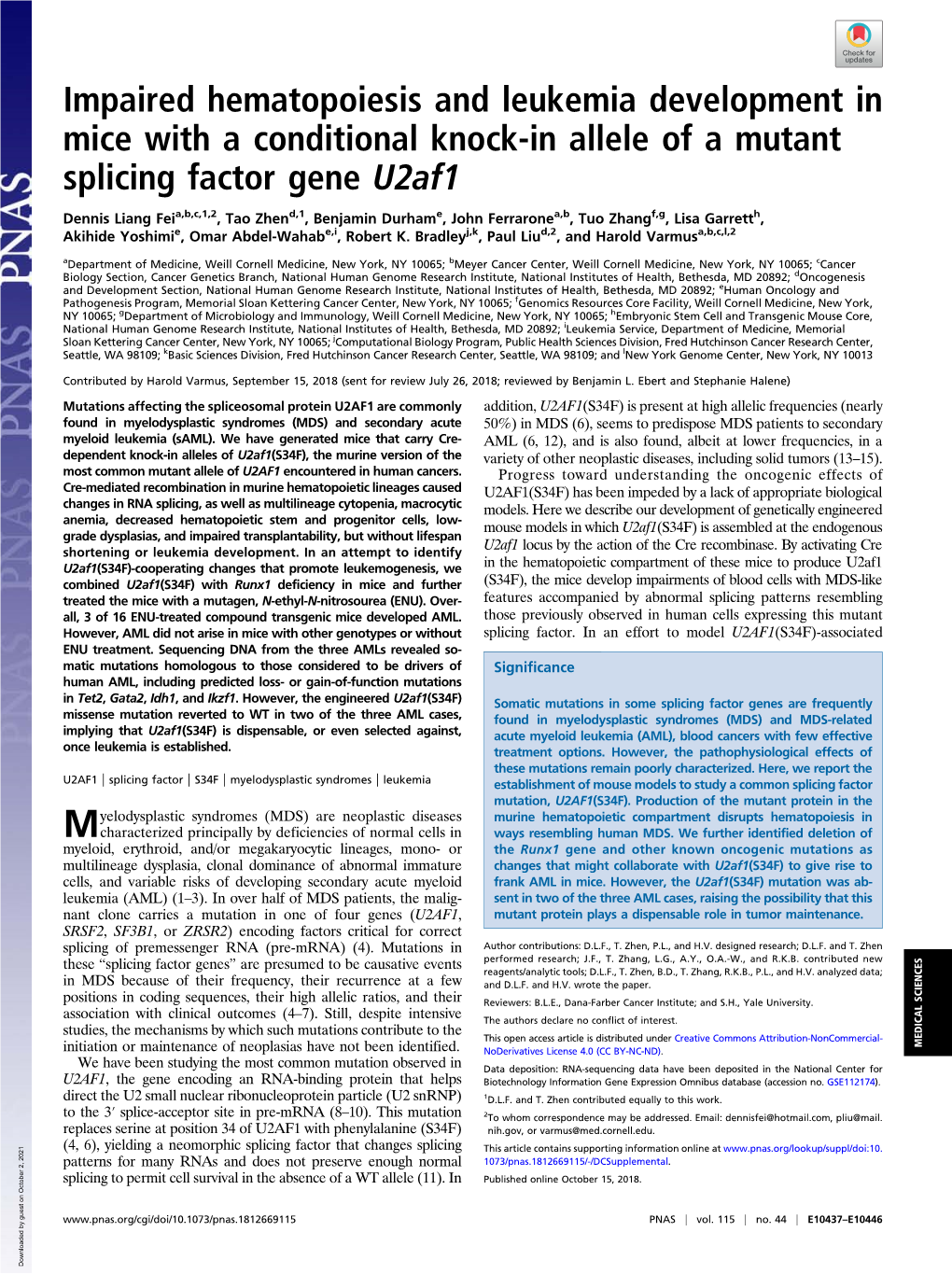 Impaired Hematopoiesis and Leukemia Development in Mice with a Conditional Knock-In Allele of a Mutant Splicing Factor Gene U2af1