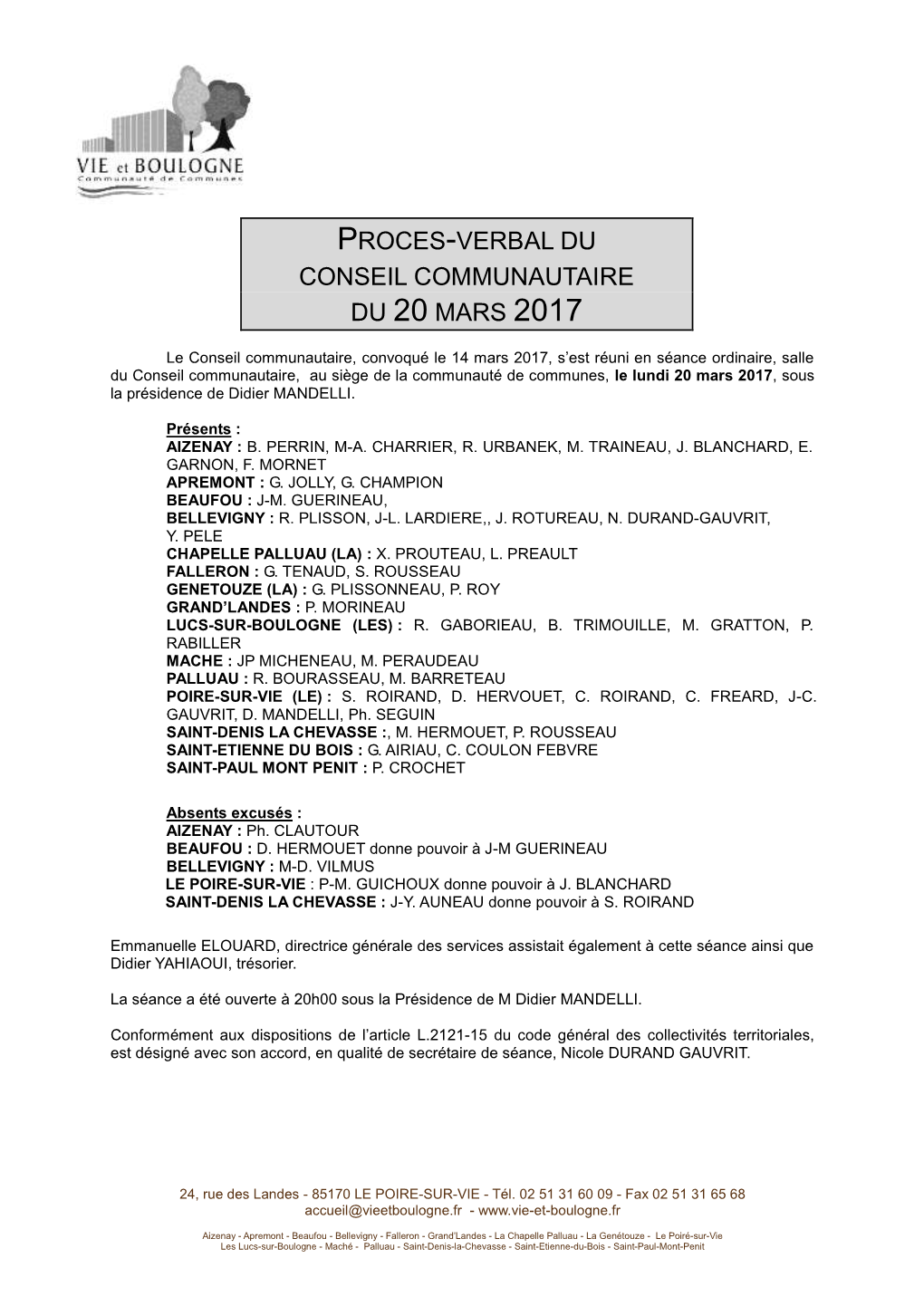 Proces-Verbal Du Conseil Communautaire Du 20 Mars 2017