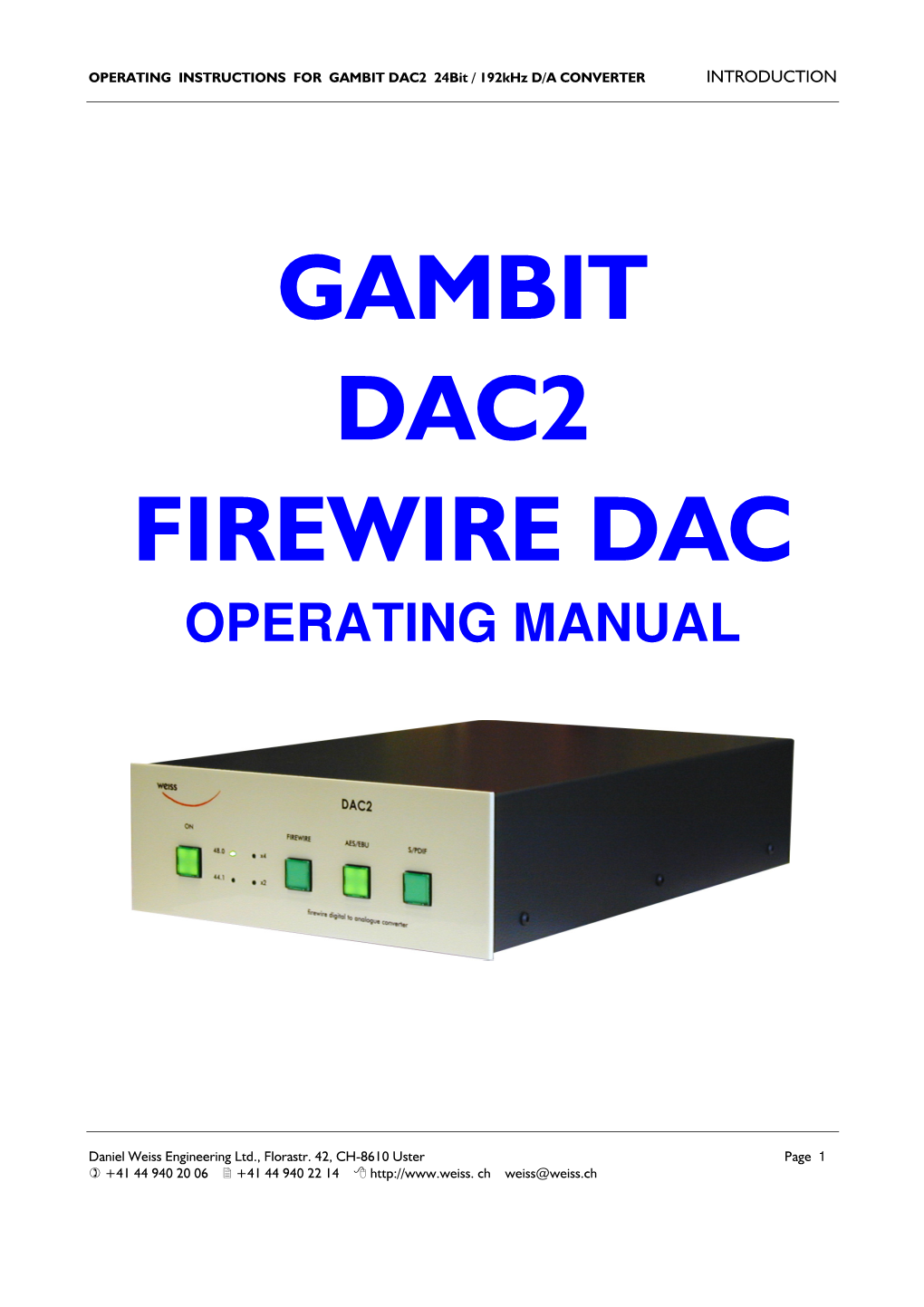 Gambit Dac2 Firewire Dac Operating Manual