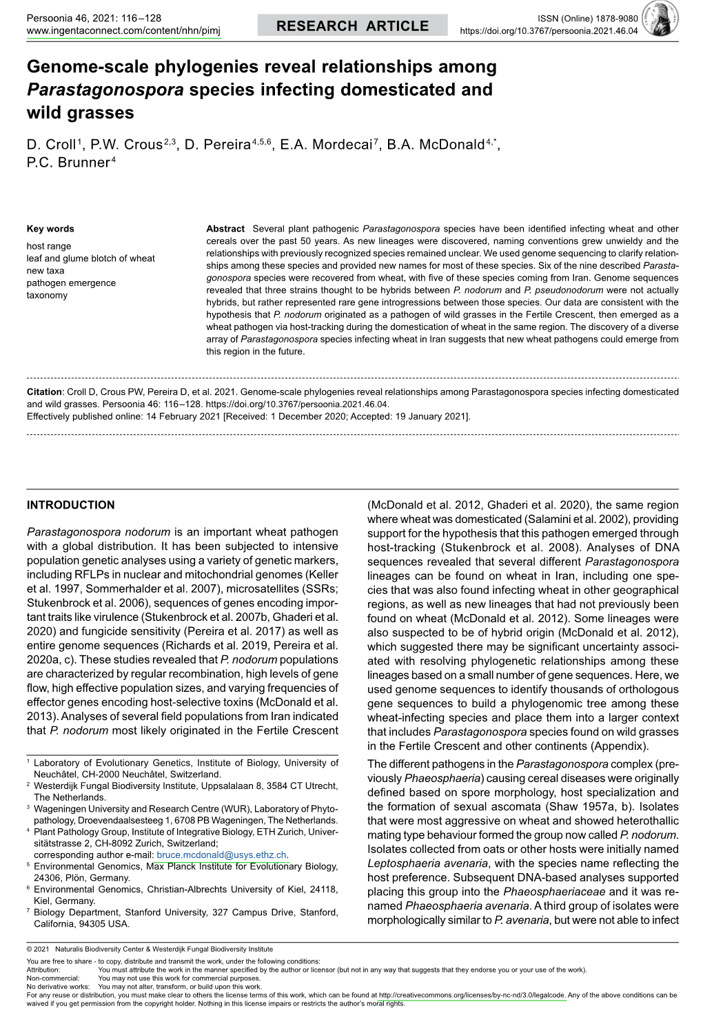 Genome-Scale Phylogenies Reveal Relationships Among Parastagonospora Species Infecting Domesticated and Wild Grasses