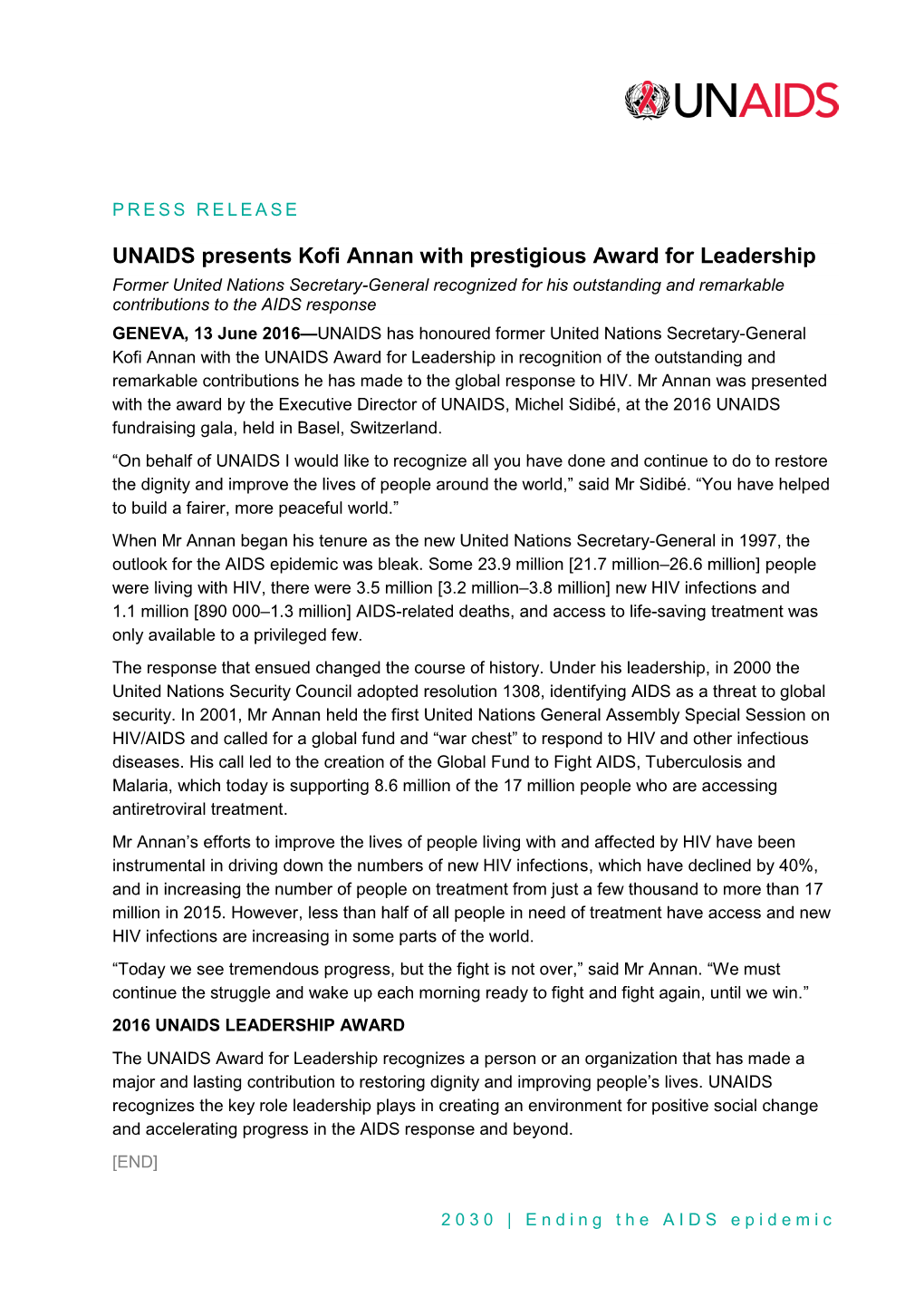 UNAIDS Presents Kofi Annan with Prestigious Award for Leadership