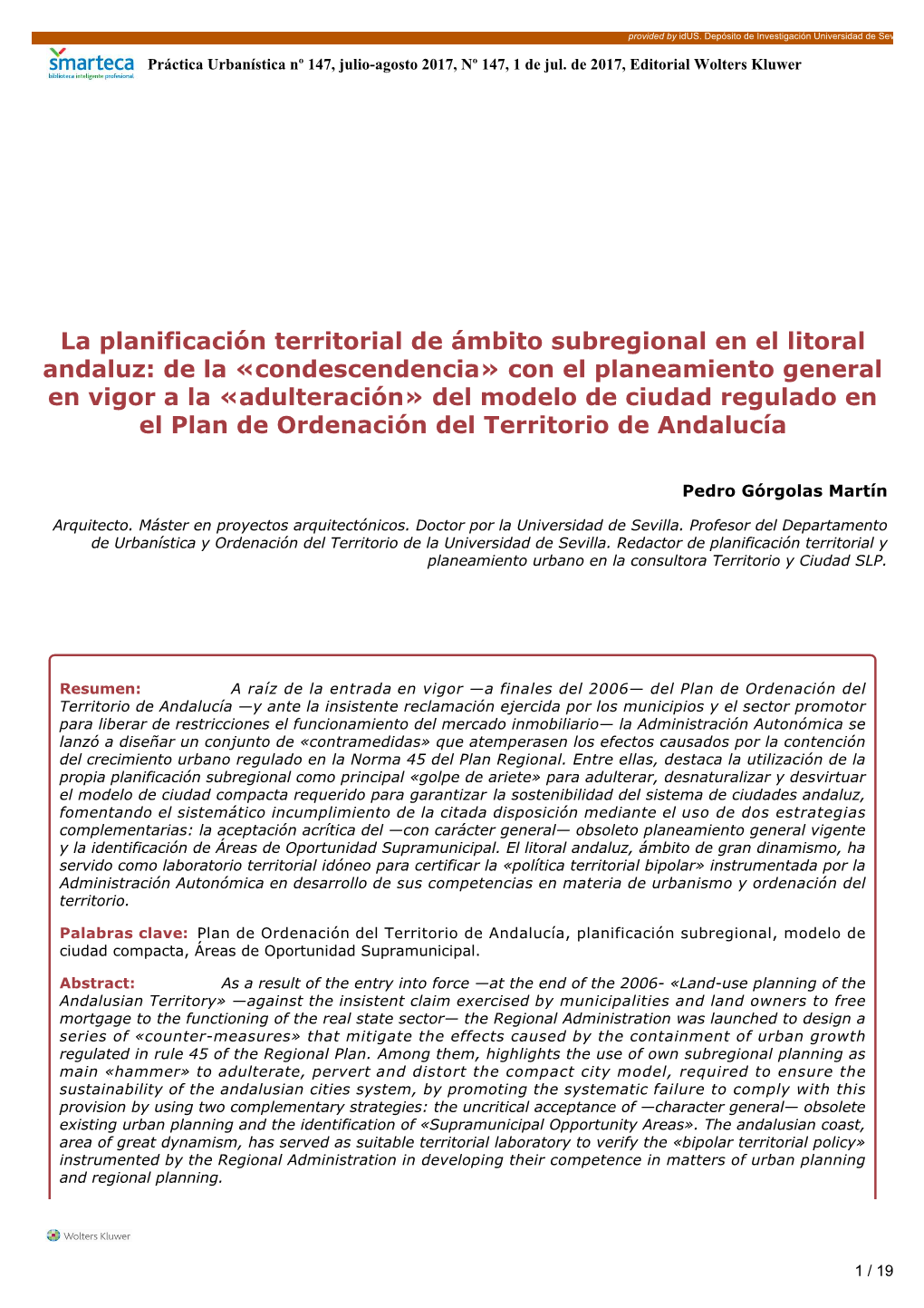 La Planificación Territorial De Ámbito Subregional En El Litoral Andaluz