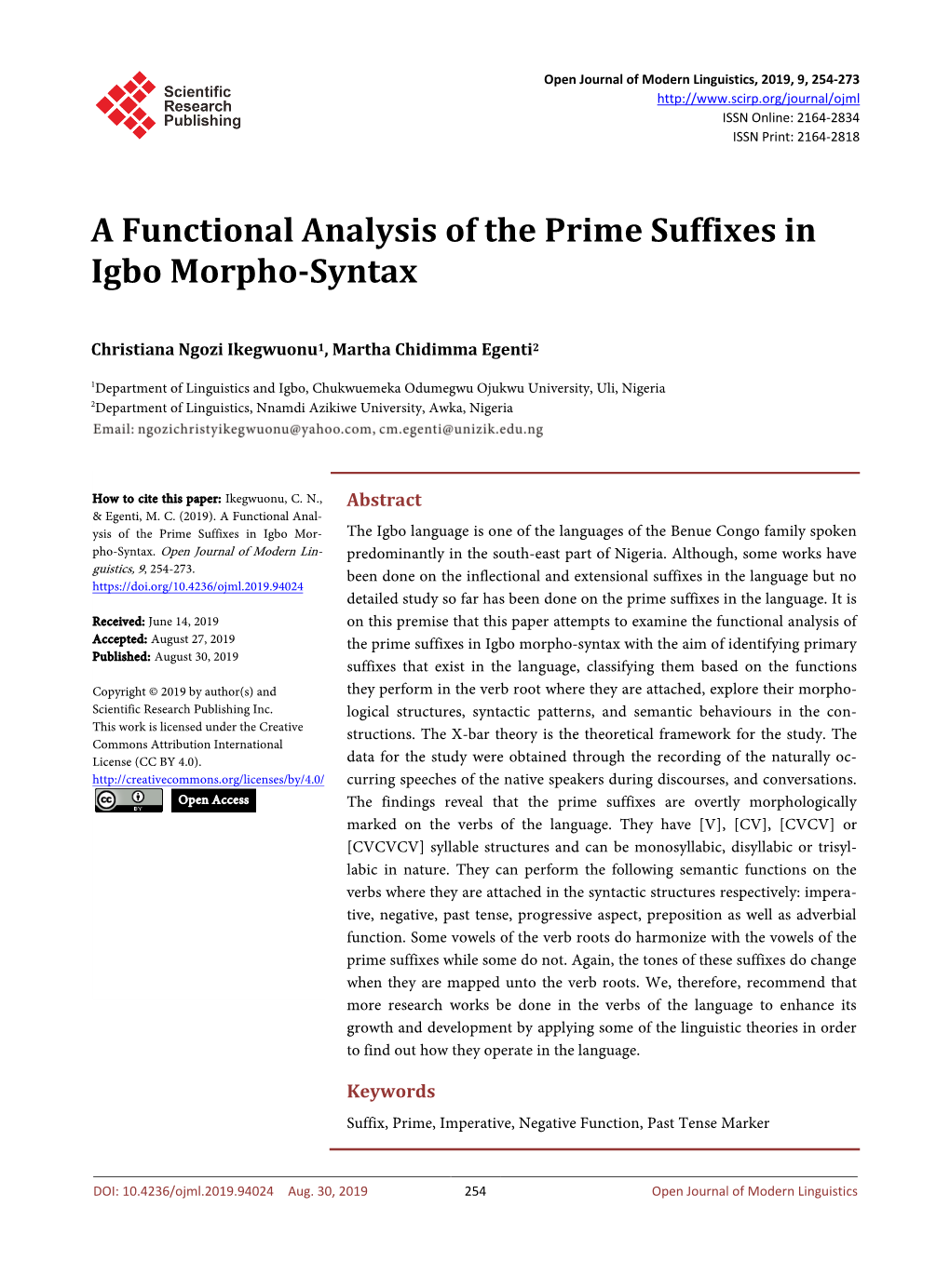 A Functional Analysis of the Prime Suffixes in Igbo Morpho-Syntax