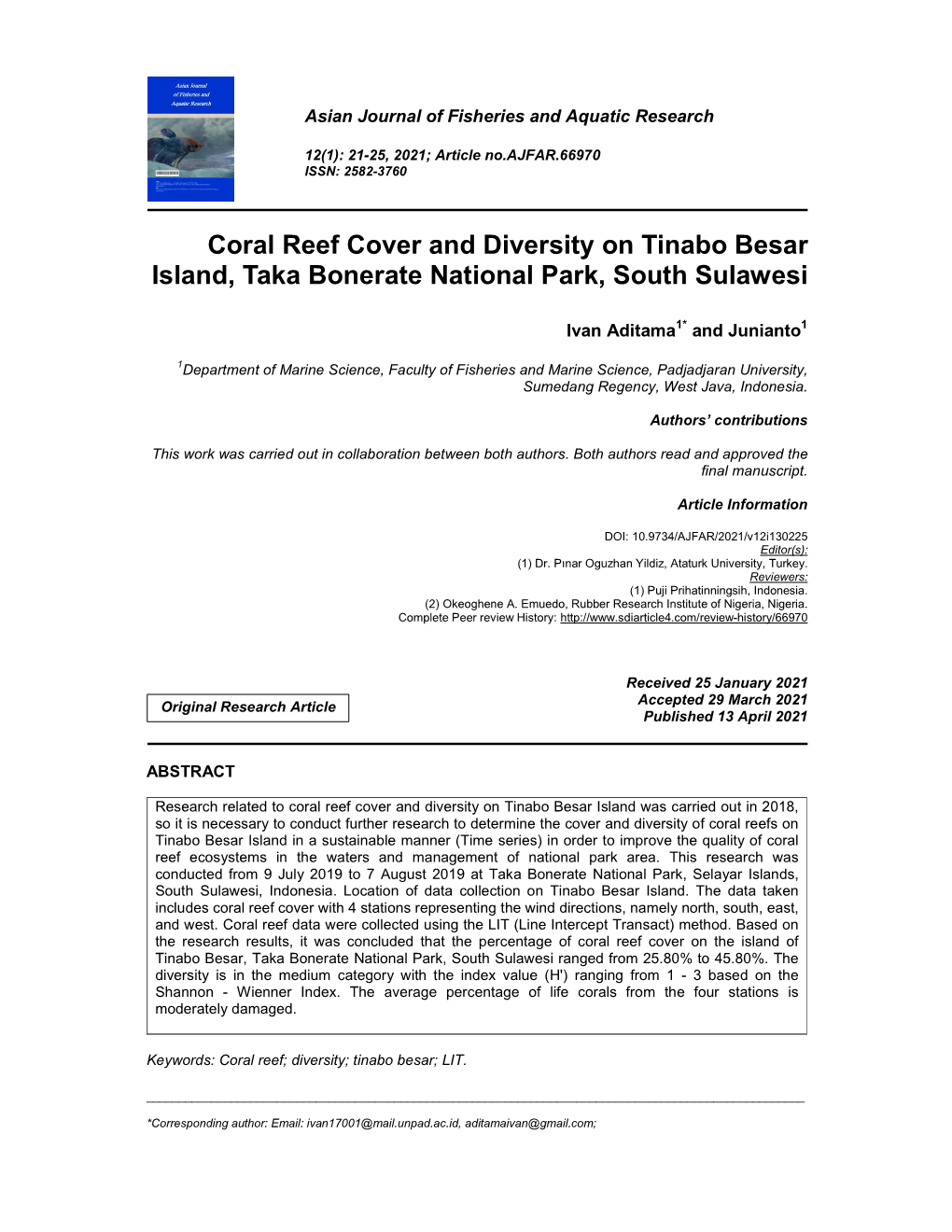 Coral Reef Cover and Diversity on Tinabo Besar Island, Taka Bonerate National Park, South Sulawesi