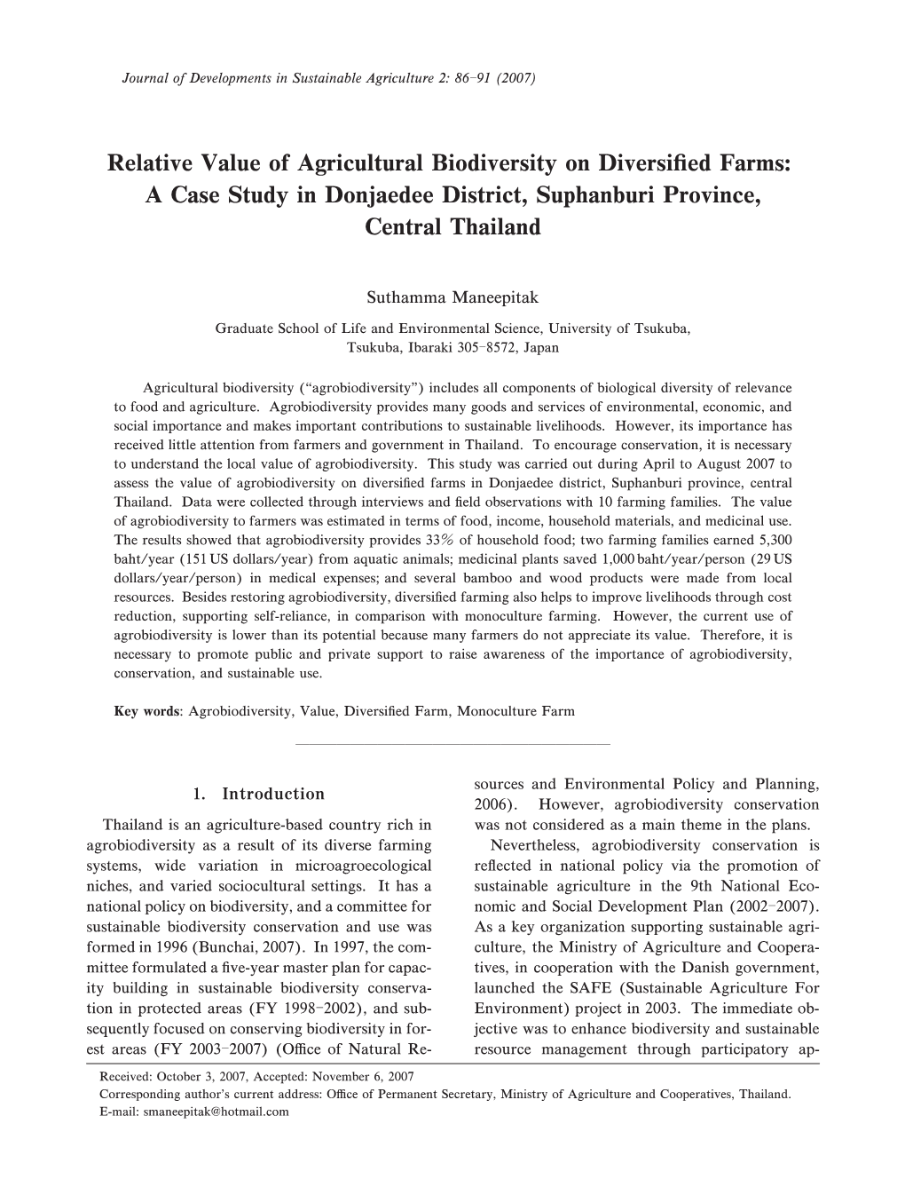Relative Value of Agricultural Biodiversity on Diversified Farms: a Case Study in Donjaedee District, Suphanburi Province, Centr