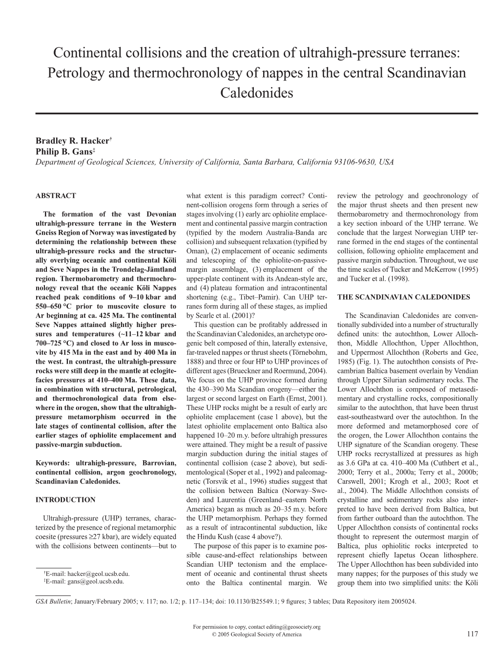 Continental Collisions and the Creation of Ultrahigh-Pressure Terranes: Petrology and Thermochronology of Nappes in the Central Scandinavian Caledonides