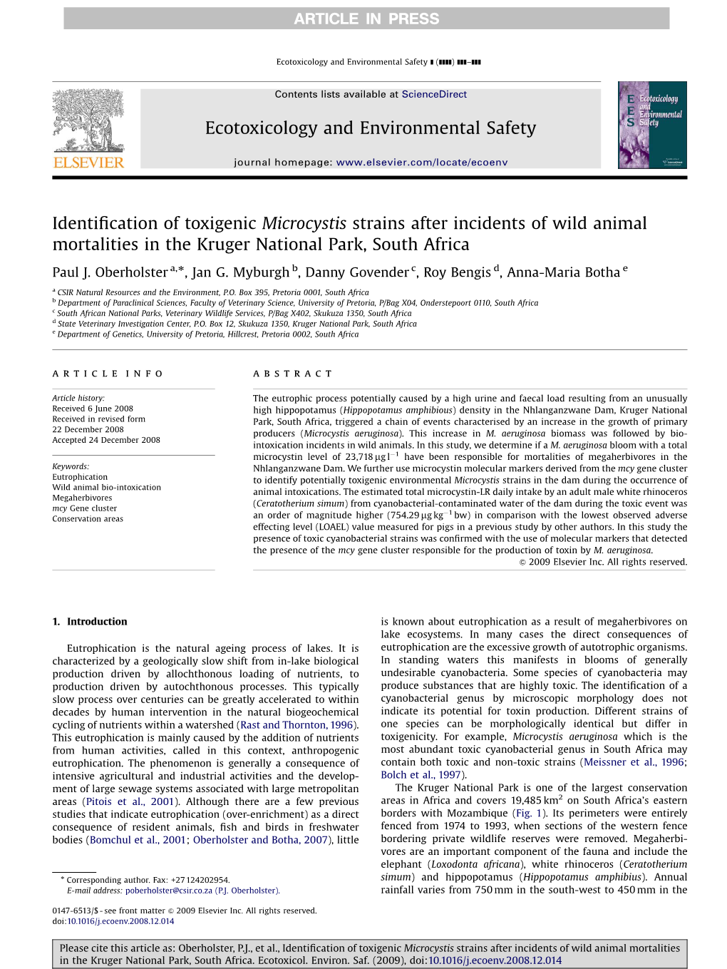 Identification of Toxigenic Microcystis Strains After Incidents of Wild Animal