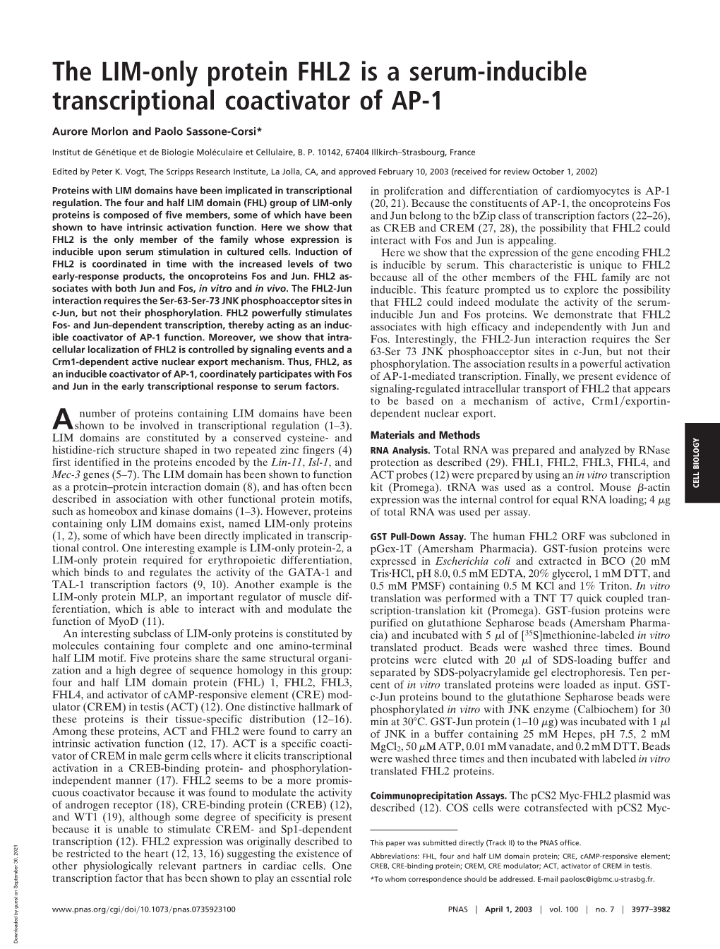 The LIM-Only Protein FHL2 Is a Serum-Inducible Transcriptional Coactivator of AP-1