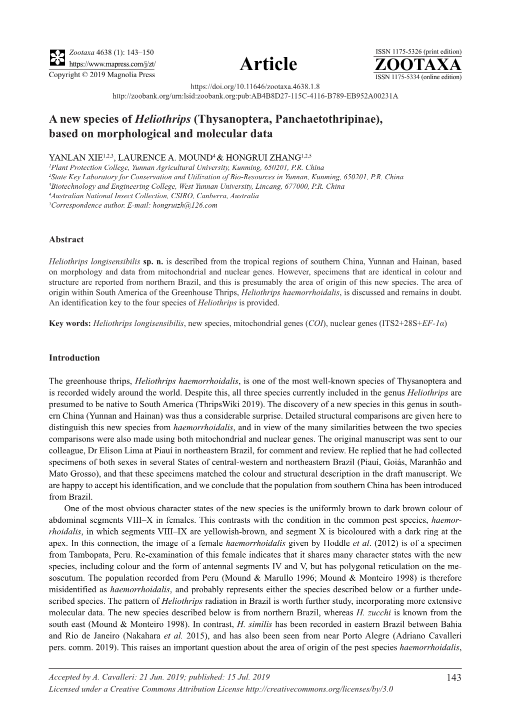 A New Species of Heliothrips (Thysanoptera, Panchaetothripinae), Based on Morphological and Molecular Data