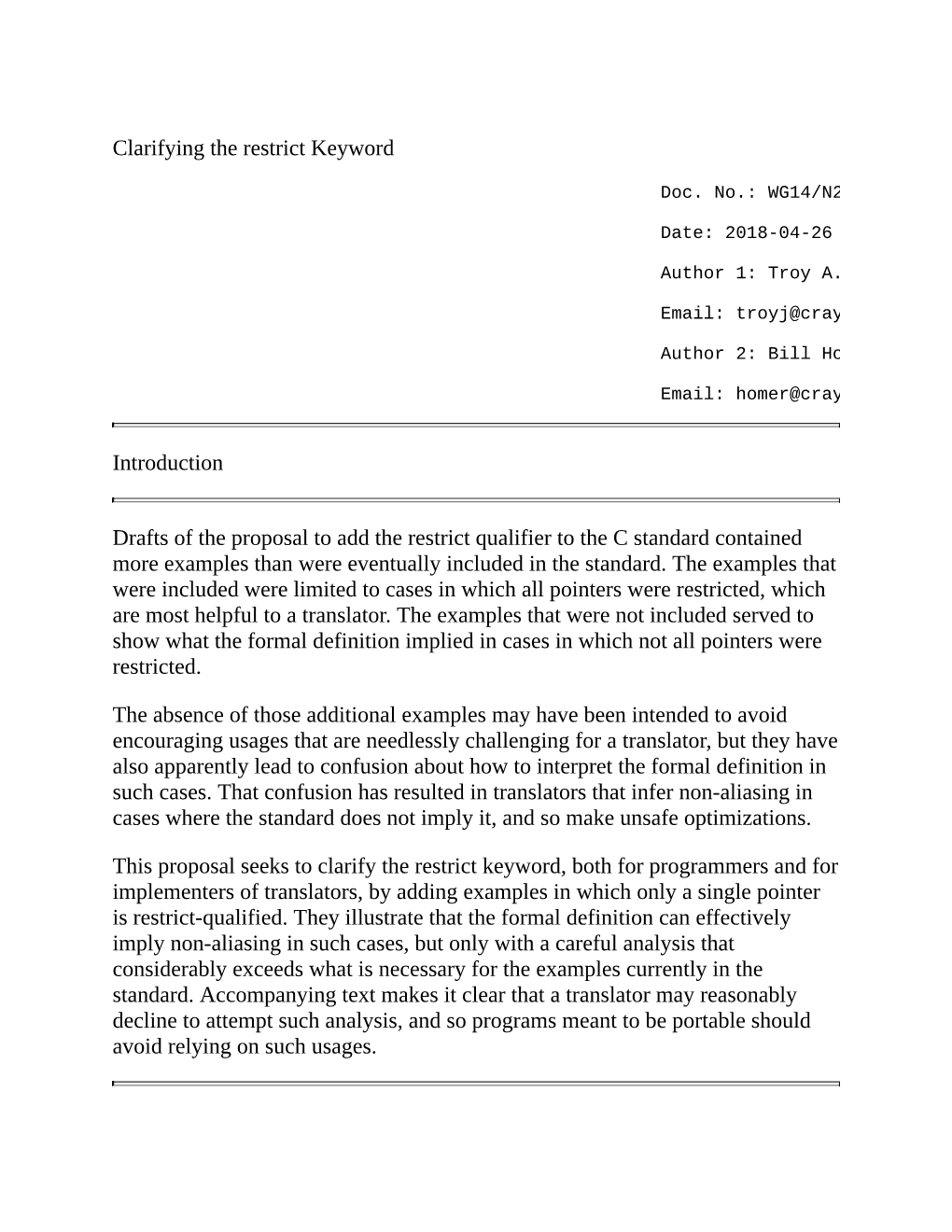 Clarifying the Restrict Keyword Introduction Drafts of the Proposal