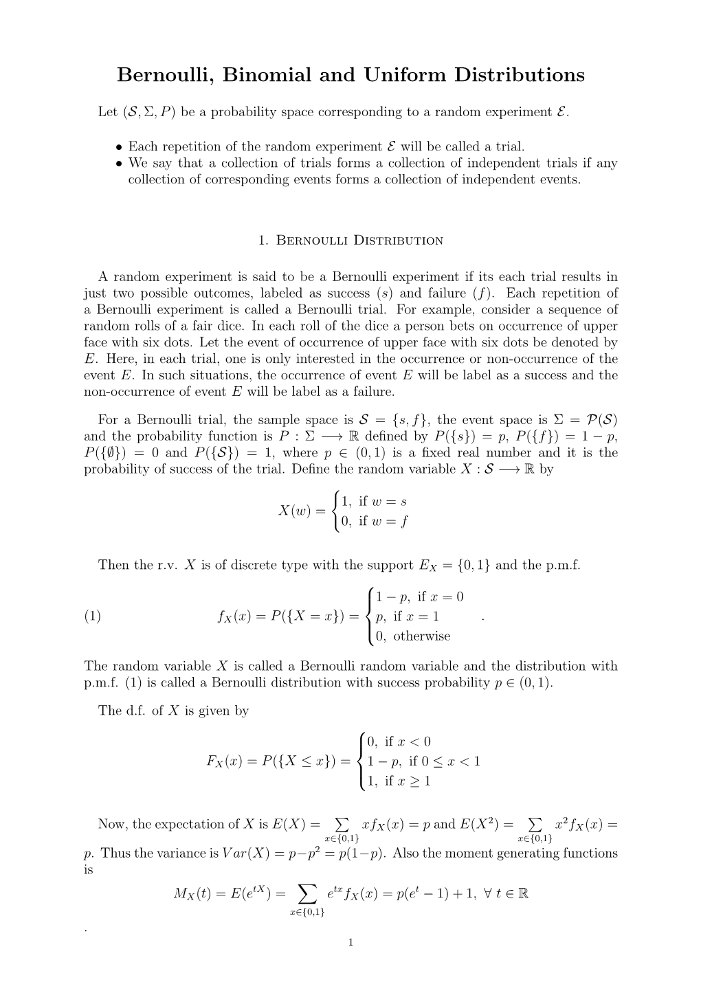 Bernoulli, Binomial and Uniform Distributions