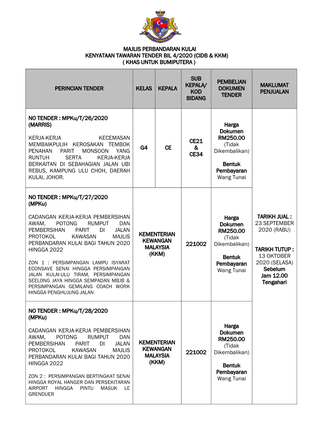 Kenyataan Tawaran Tender Bil 4/2020 (Cidb & Kkm) ( Khas Untuk Bumiputera )