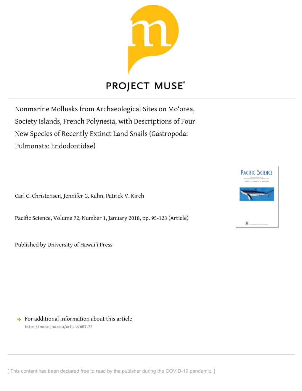 Nonmarine Mollusks from Archaeological Sites on Mo'orea, Society Islands, French Polynesia, with Descriptions of Four New Spec