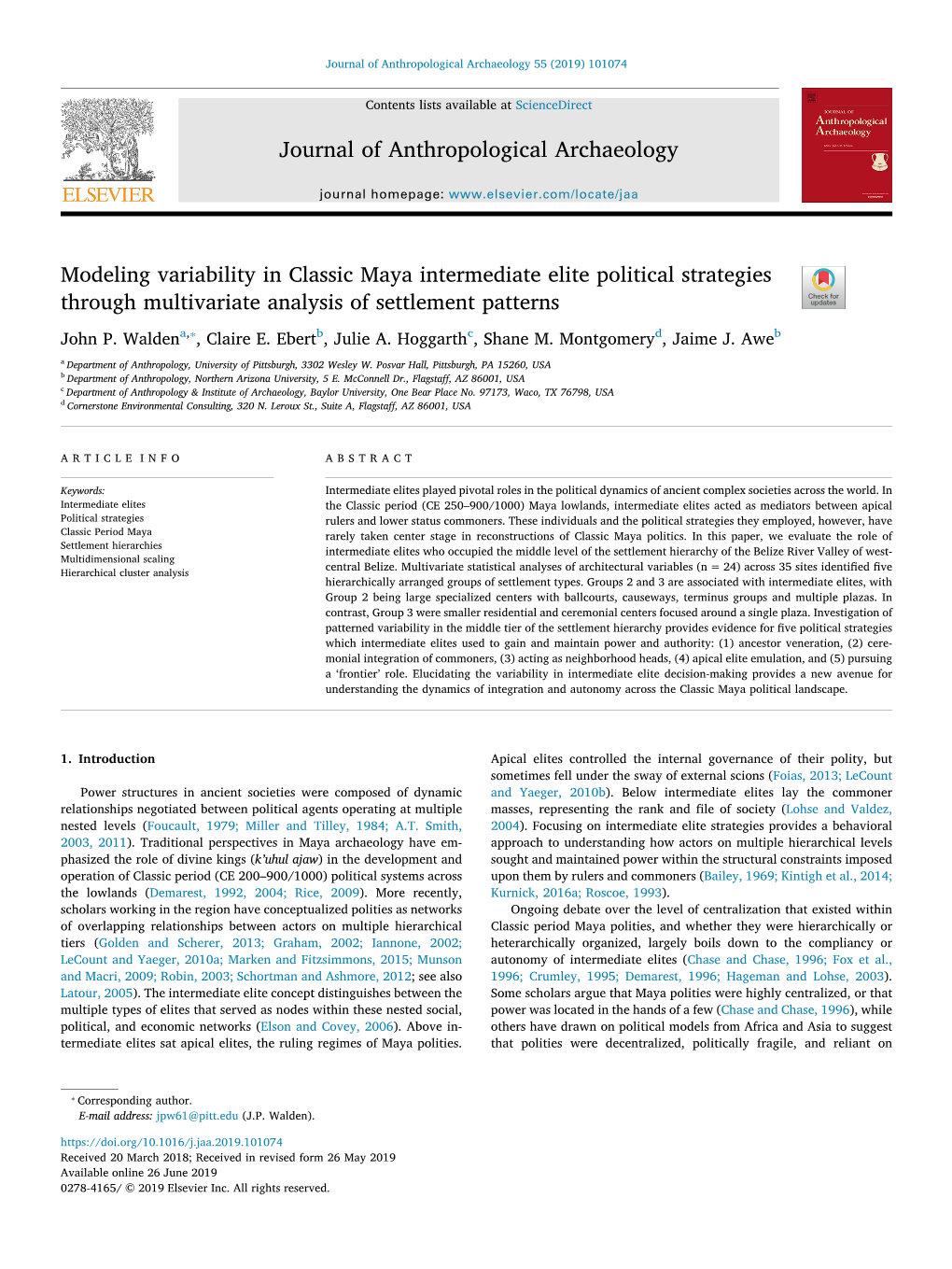 Modeling Variability in Classic Maya Intermediate Elite Political Strategies T Through Multivariate Analysis of Settlement Patterns ⁎ John P