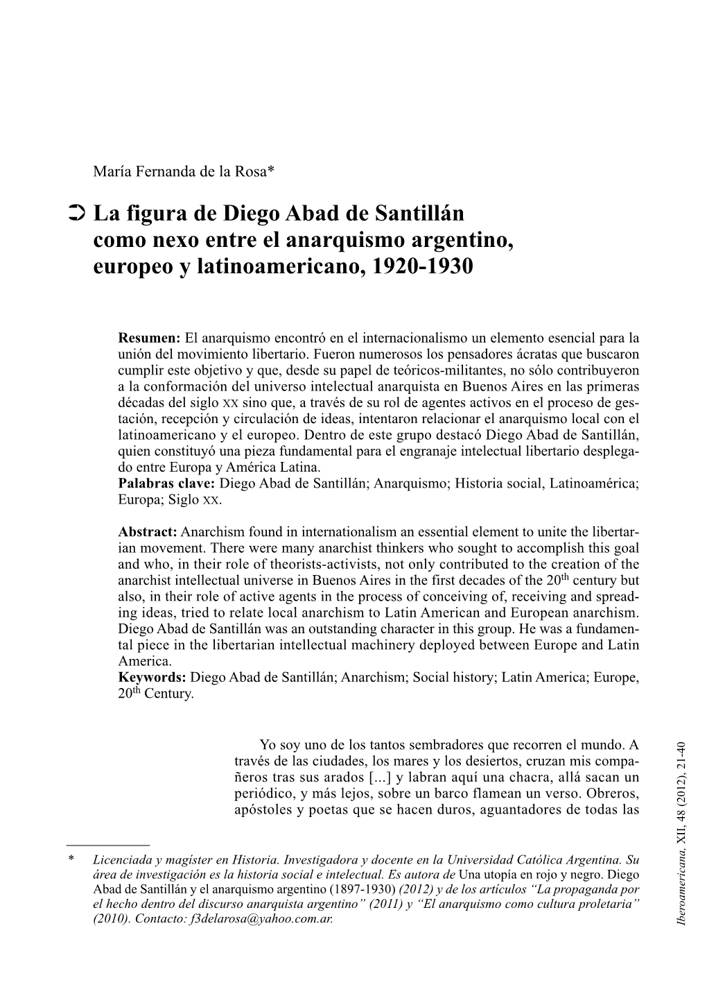 La Figura De Diego Abad De Santillán Como Nexo Entre El Anarquismo Argentino, Europeo Y Latinoamericano, 1920-1930