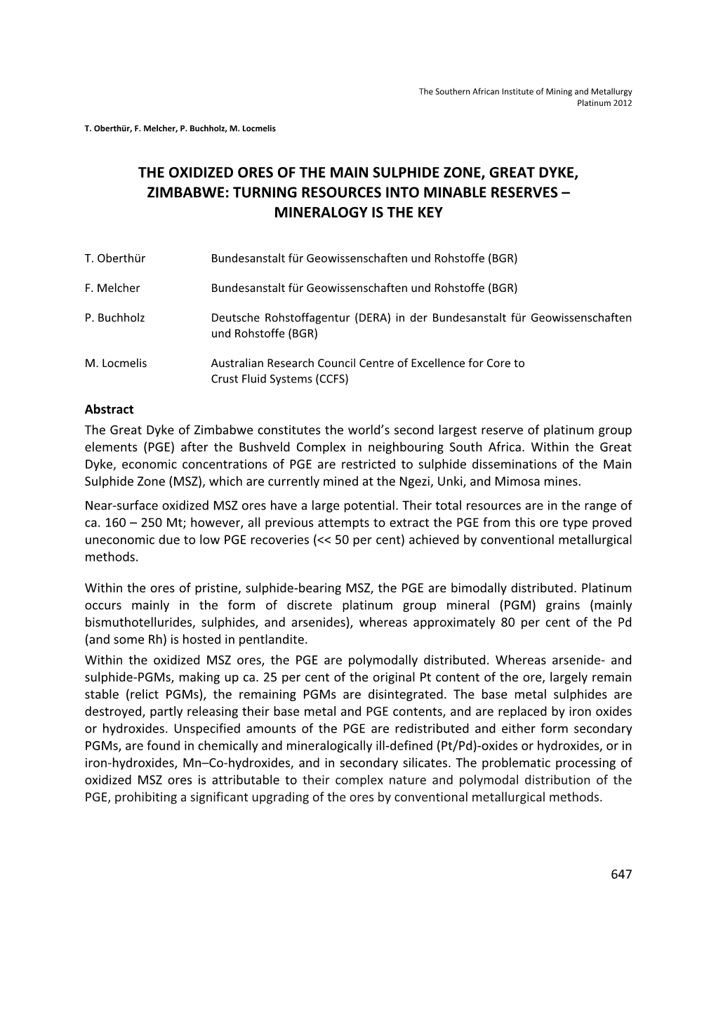 The Oxidized Ores of the Main Sulphide Zone, Great Dyke, Zimbabwe: Turning Resources Into Minable Reserves – Mineralogy Is the Key