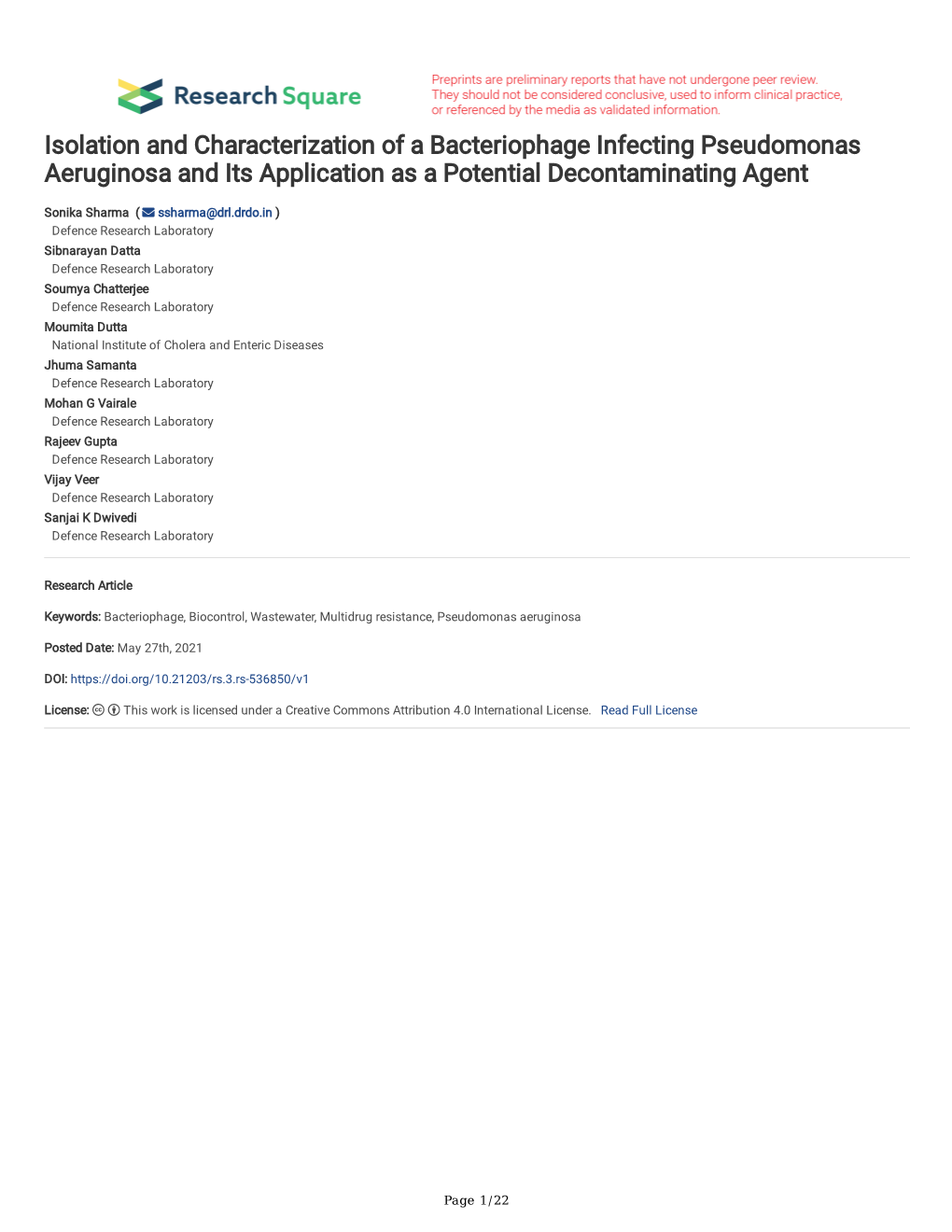 Isolation and Characterization of a Bacteriophage Infecting Pseudomonas Aeruginosa and Its Application As a Potential Decontaminating Agent