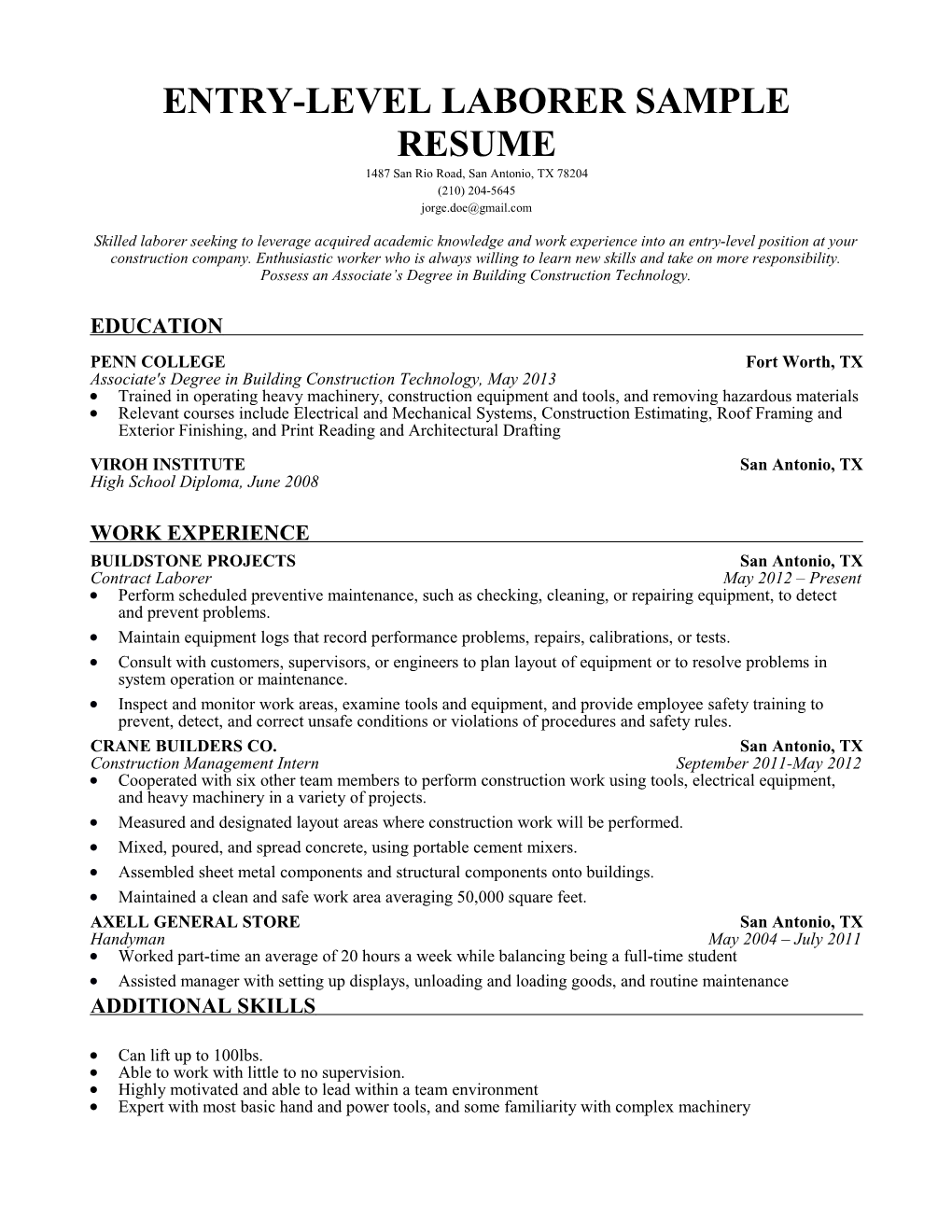 Entry-Level Laborer Sample Resume