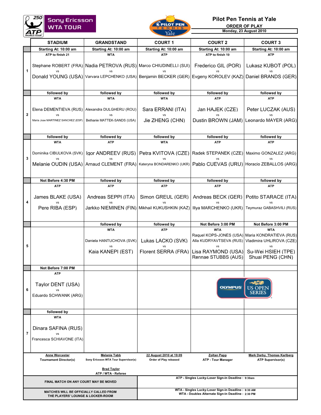 Pilot Pen Tennis at Yale ORDER of PLAY Monday, 23 August 2010