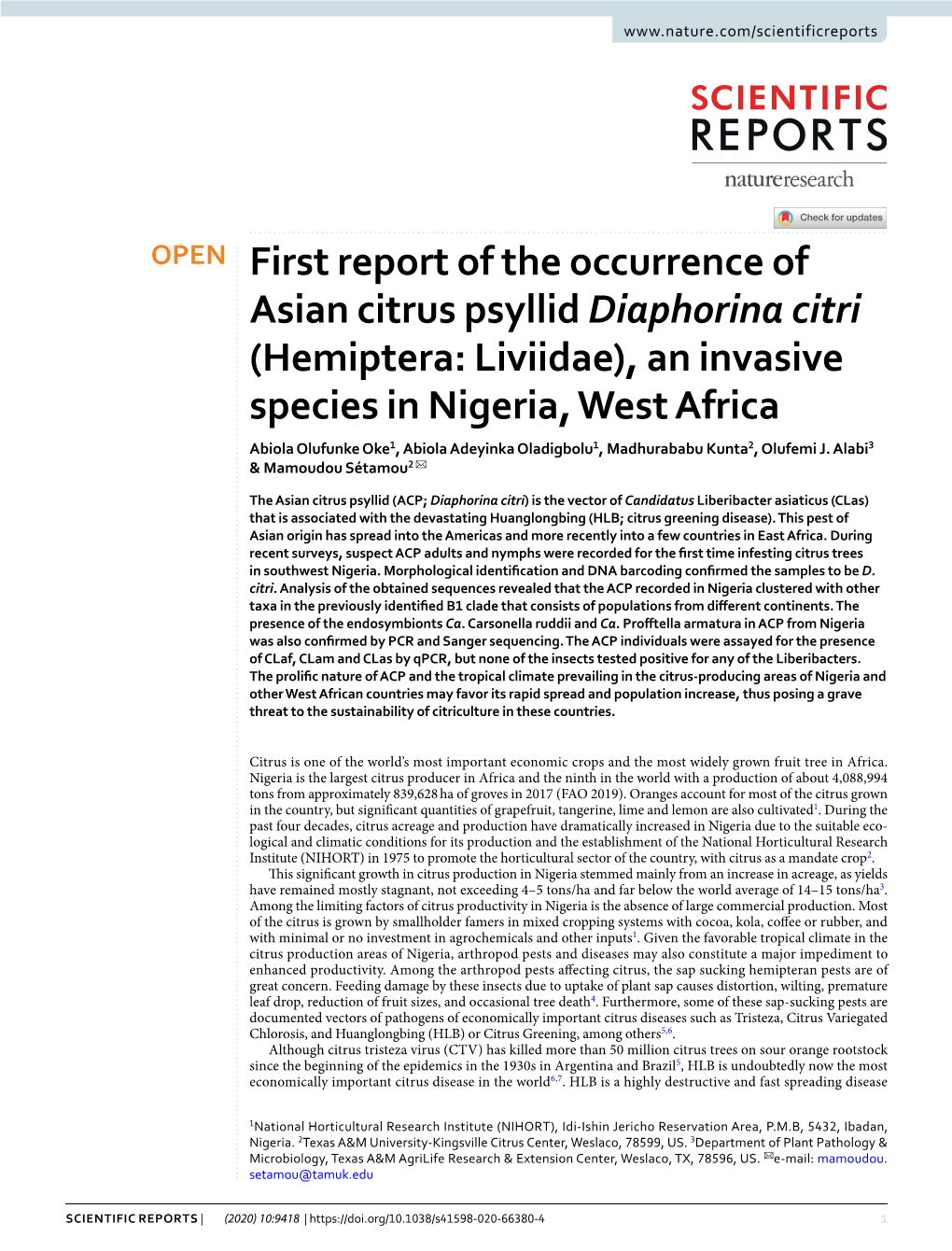 First Report of the Occurrence of Asian Citrus Psyllid Diaphorina Citri