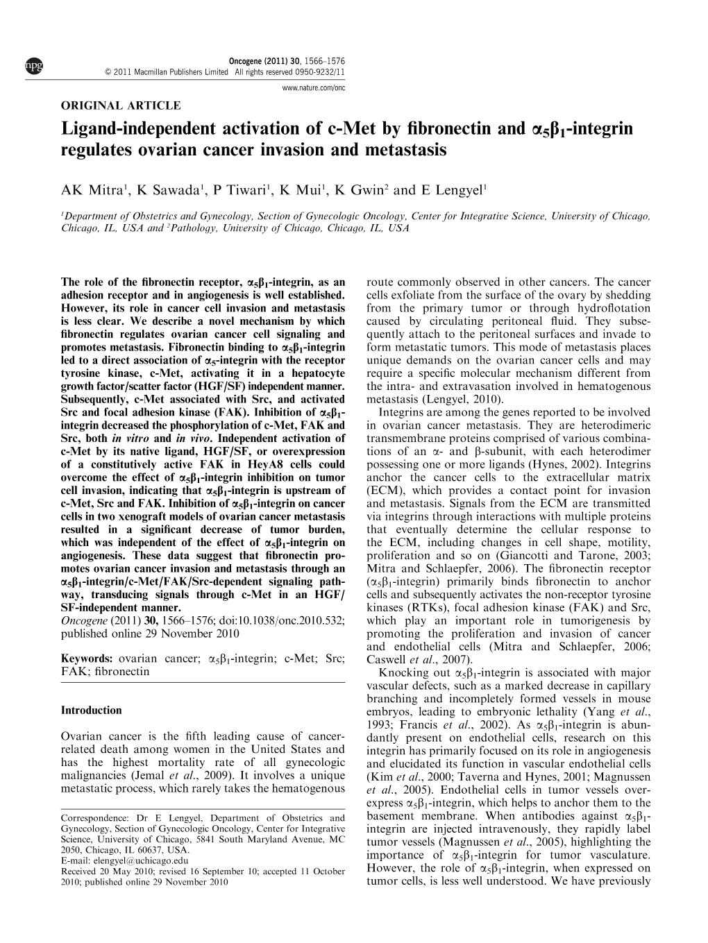 5Β1-Integrin Regulates Ovarian Cancer Invasion