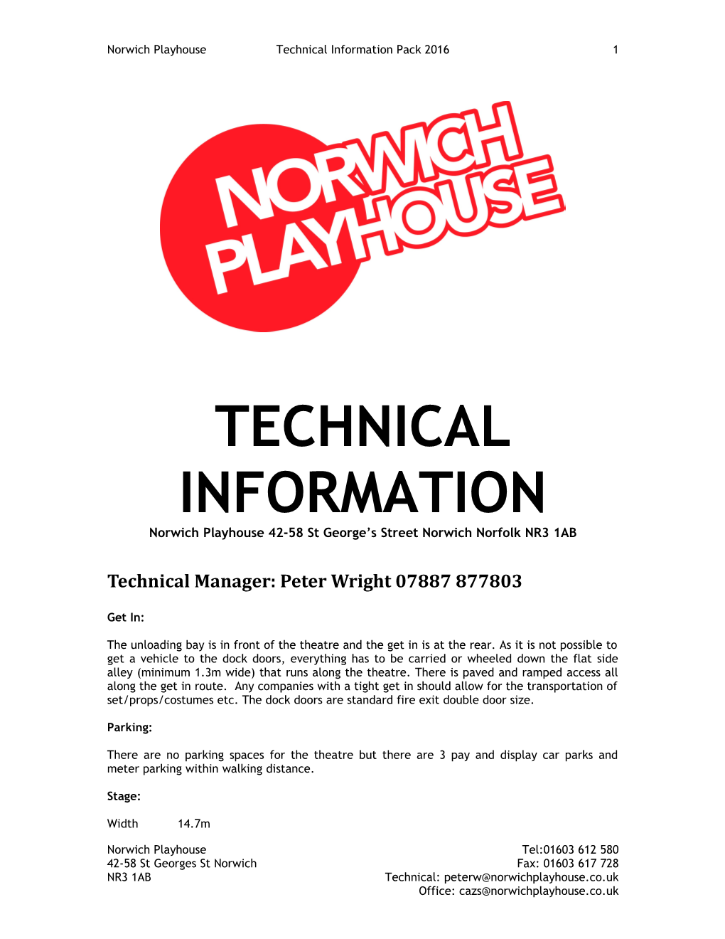 Norwich Playhouse Technical Information Pack 2016 1