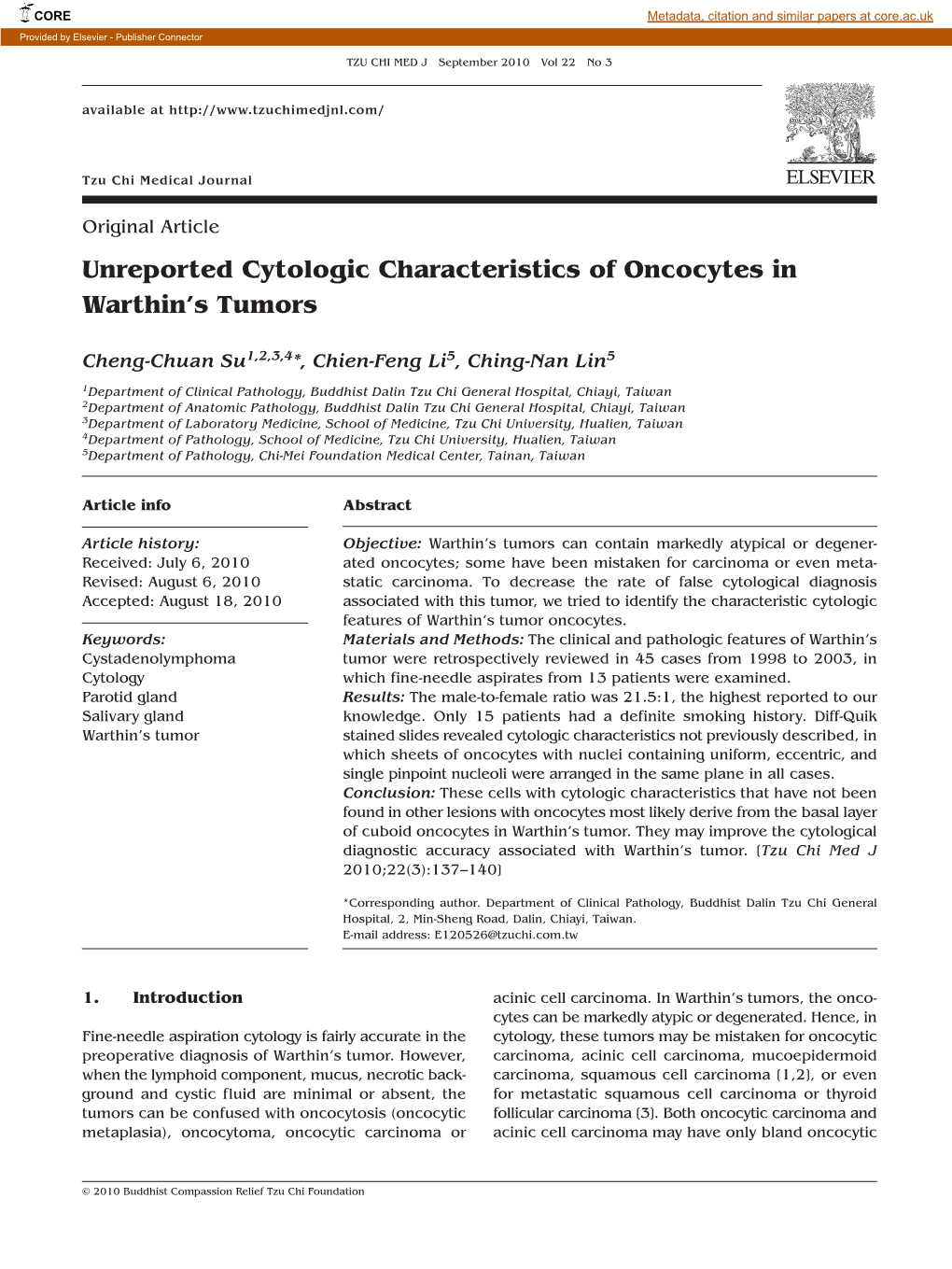 Unreported Cytologic Characteristics of Oncocytes in Warthin's Tumors