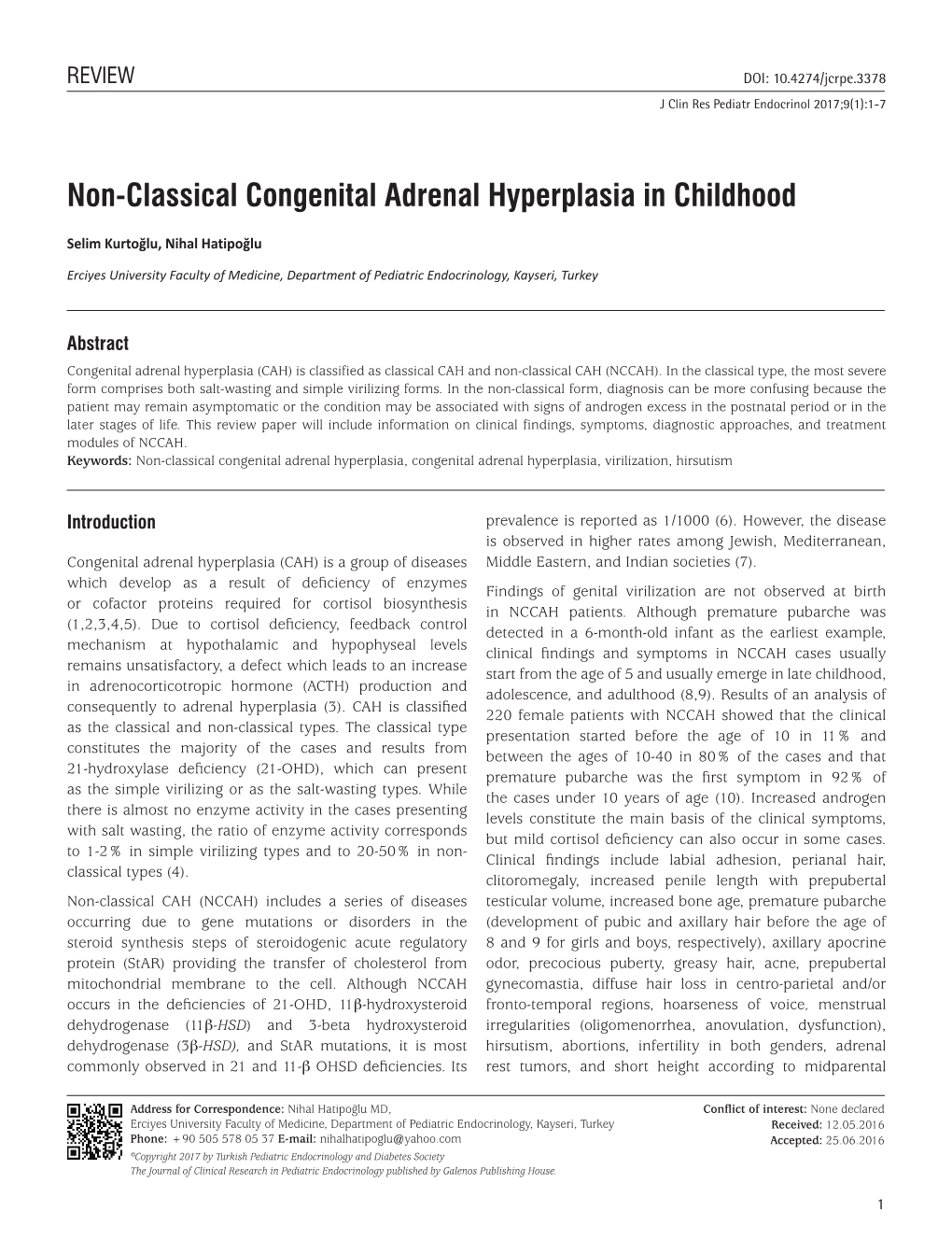 Non-Classical Congenital Adrenal Hyperplasia in Childhood