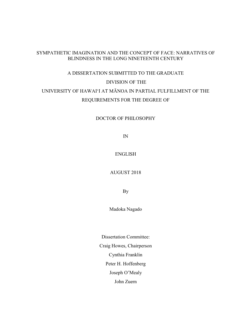 Sympathetic Imagination and the Concept of Face: Narratives of Blindness in the Long Nineteenth Century