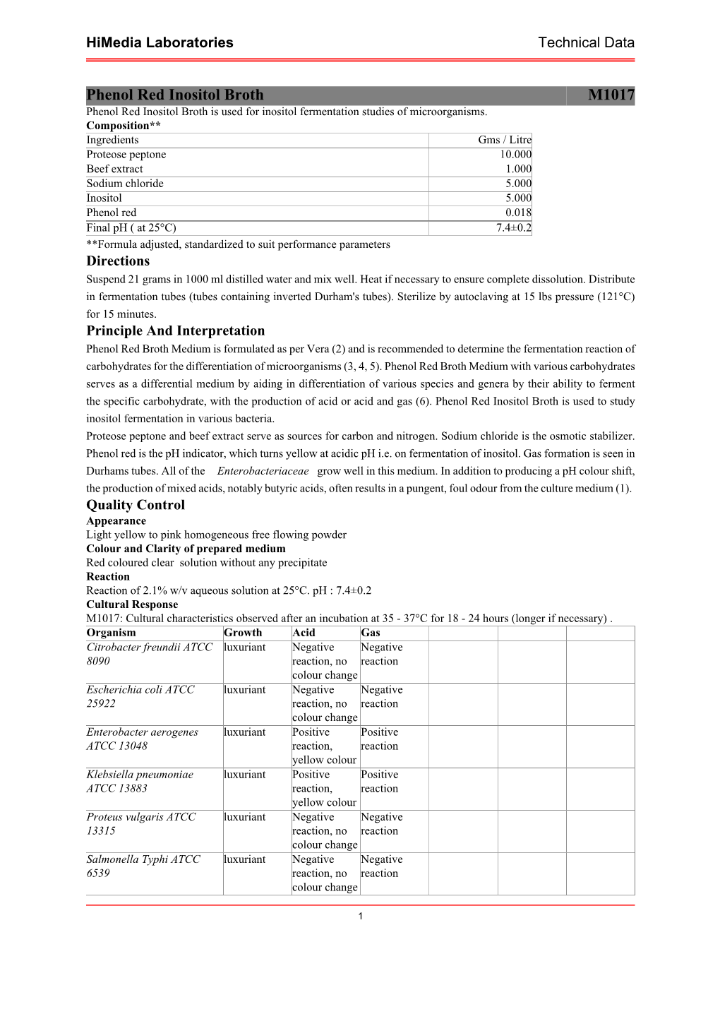 Phenol Red Inositol Broth M1017 Phenol Red Inositol Broth Is Used for Inositol Fermentation Studies of Microorganisms