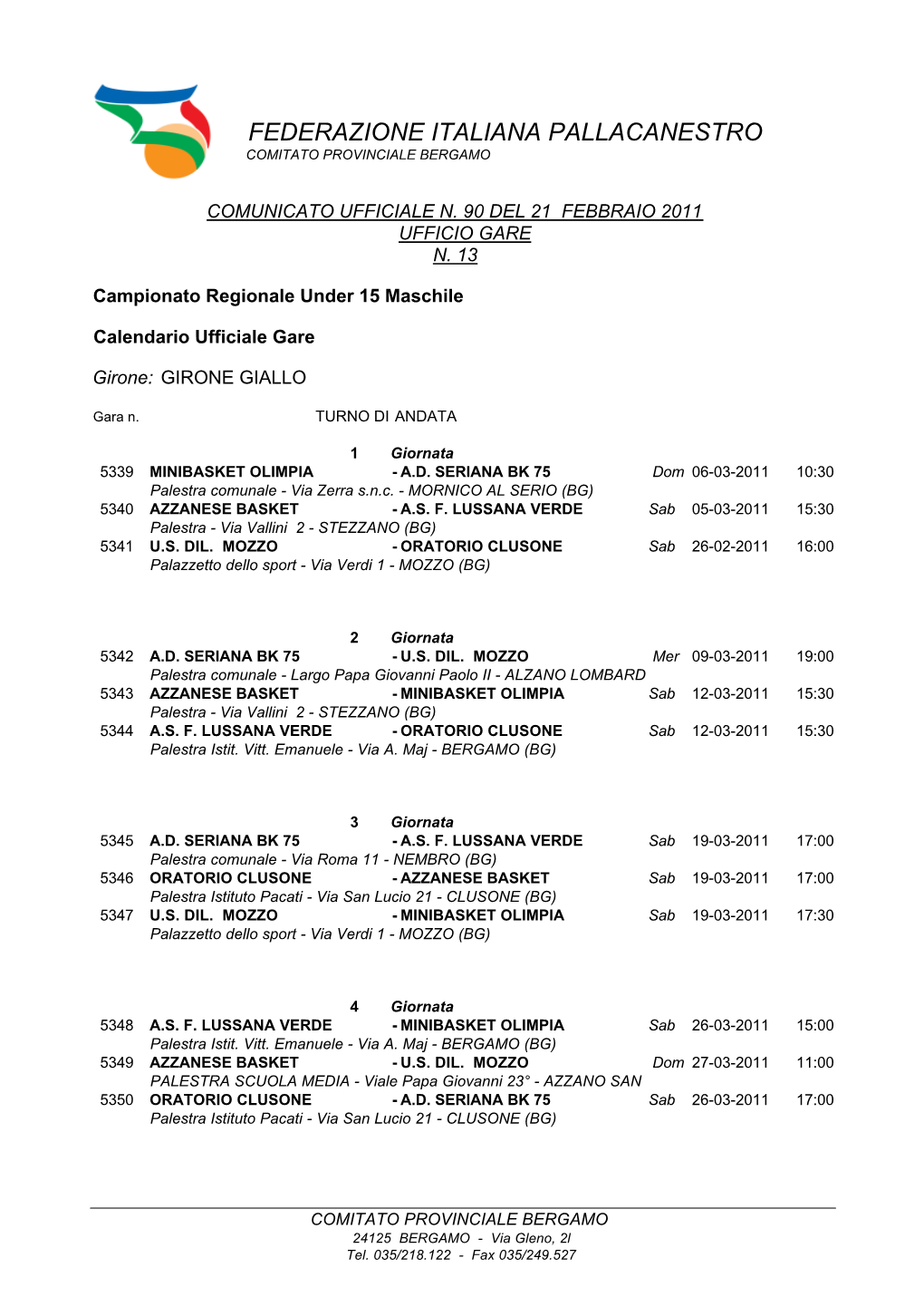 Federazione Italiana Pallacanestro Comitato Provinciale Bergamo