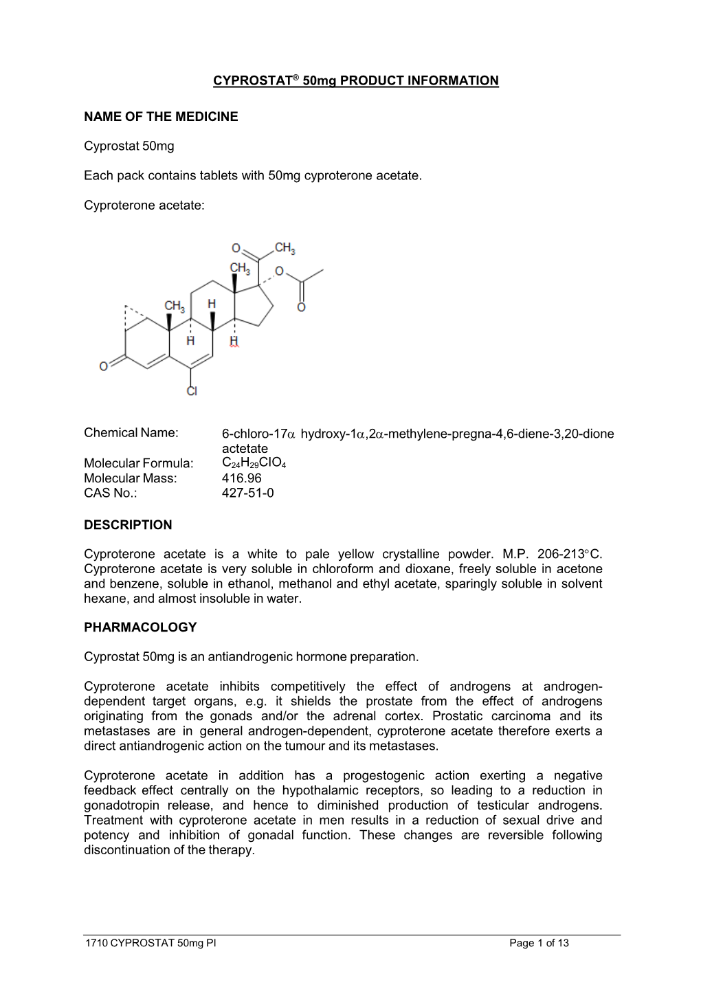 CYPROSTAT® 50Mg PRODUCT INFORMATION