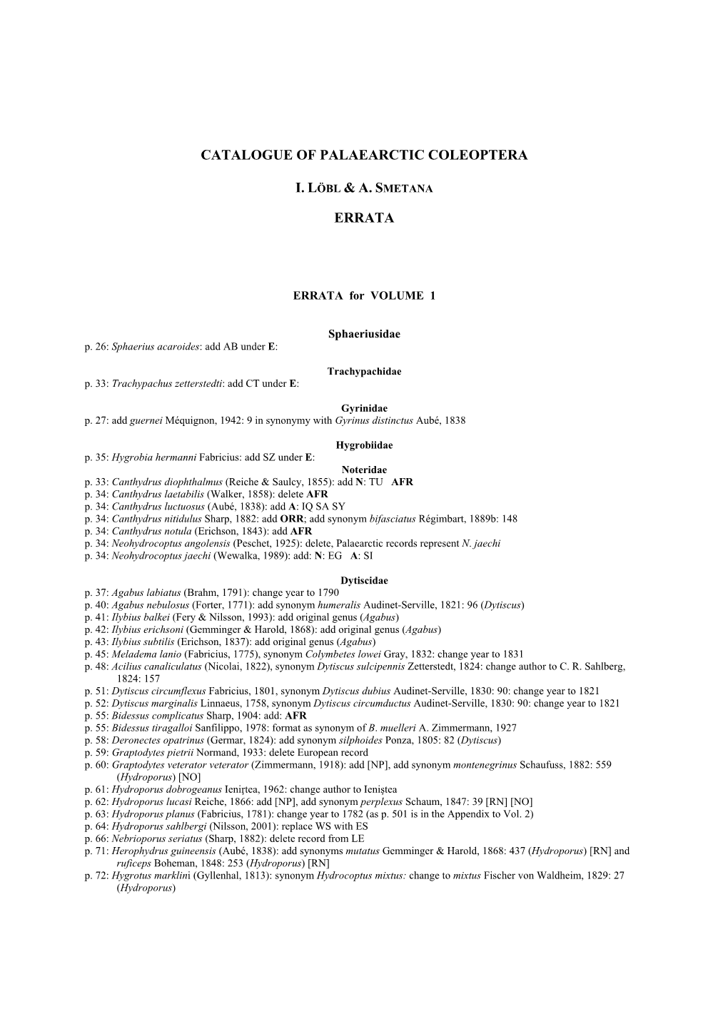 Catalogue of Palaearctic Coleoptera I. Löbl & A. S