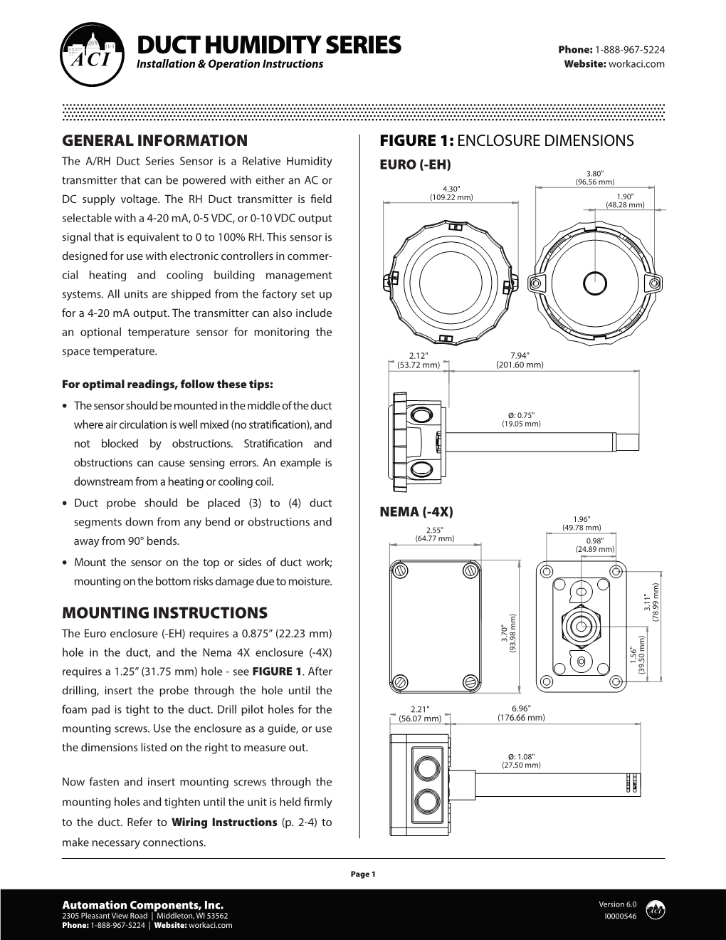 DUCT HUMIDITY SERIES Phone: 1-888-967-5224 Installation & Operation Instructions Website: Workaci.Com