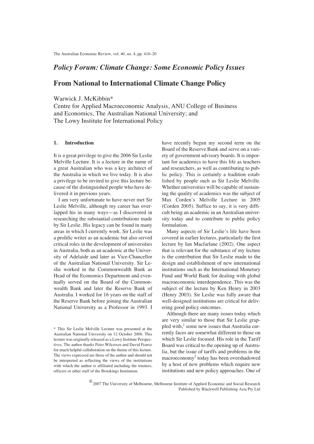 Climate Change: Some Economic Policy Issues